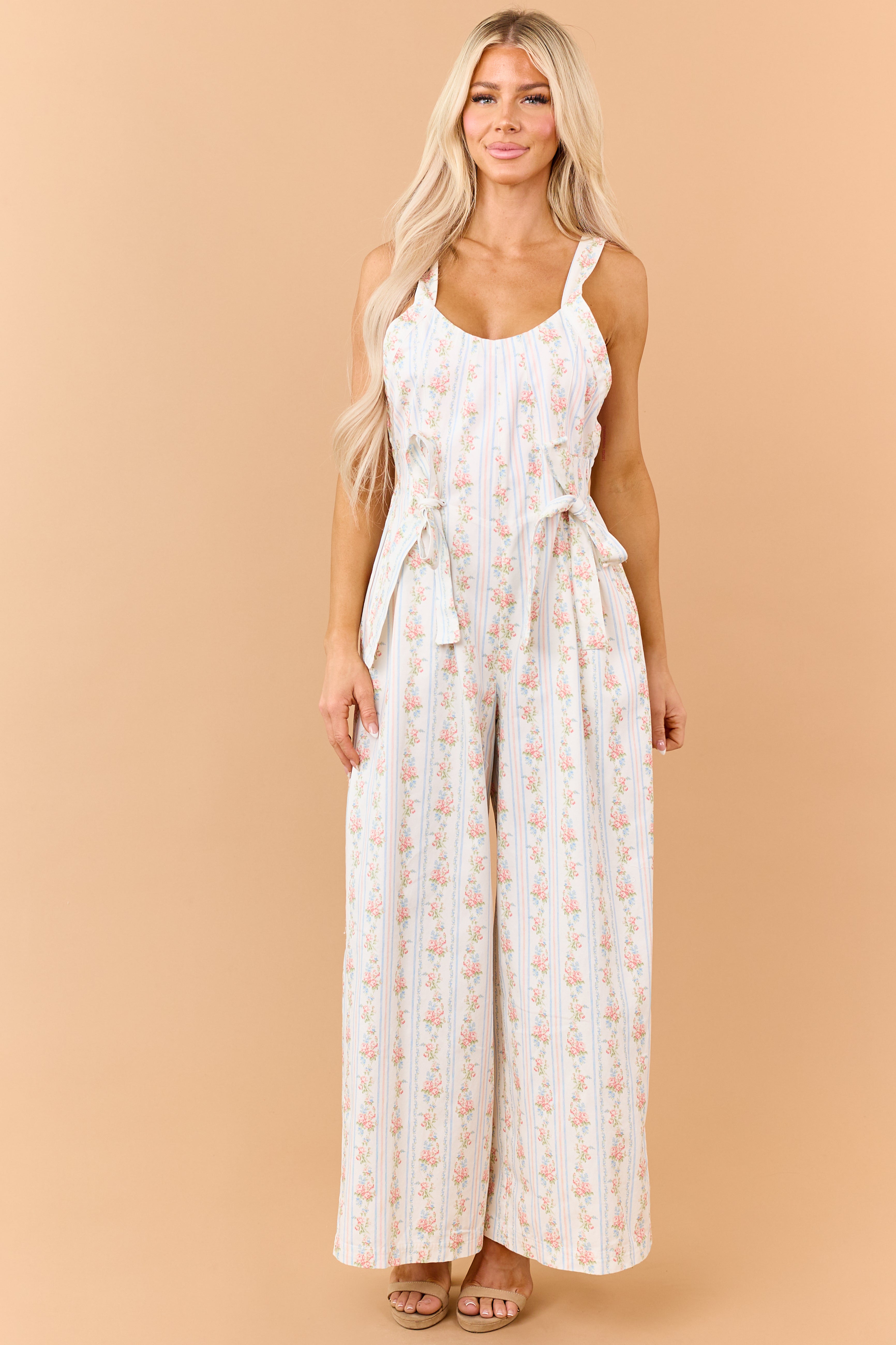White Floral Stripe Print Denim Bow Detail Jumpsuit