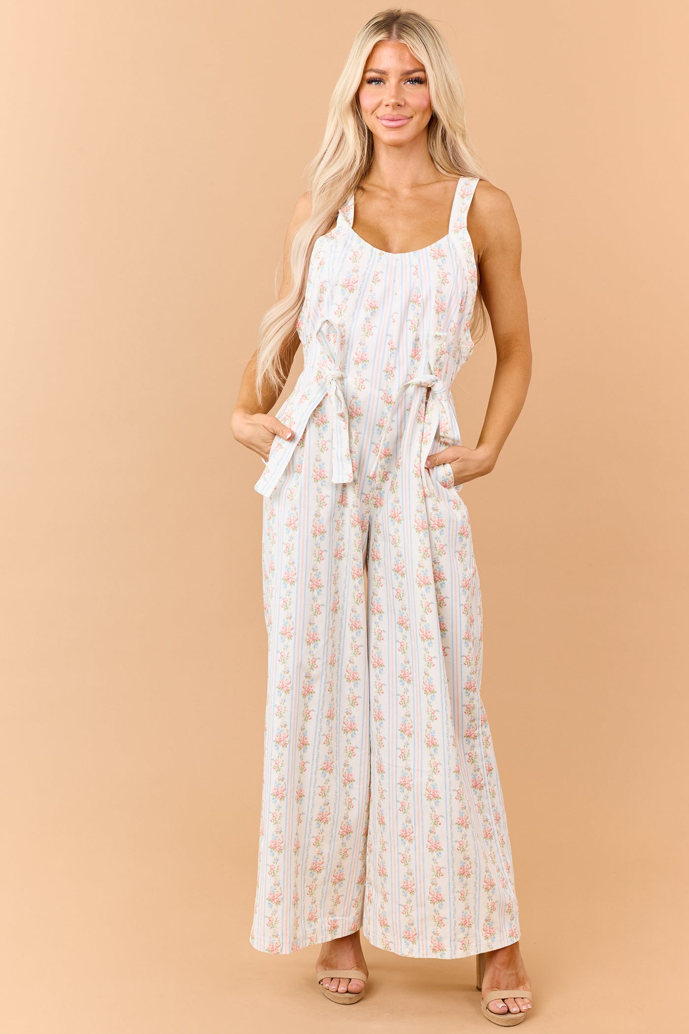 White Floral Stripe Print Denim Bow Detail Jumpsuit