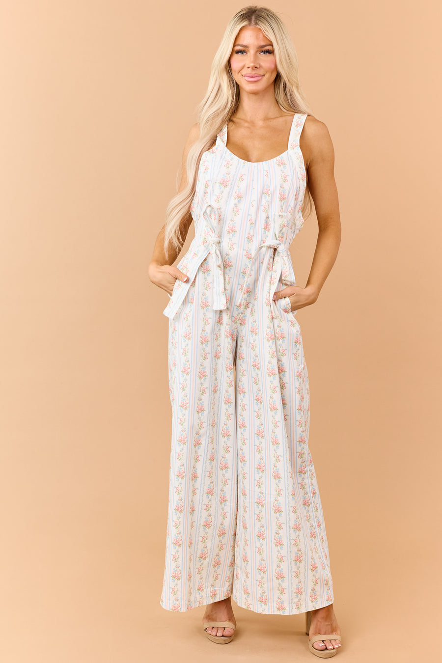 White Floral Stripe Print Denim Bow Detail Jumpsuit