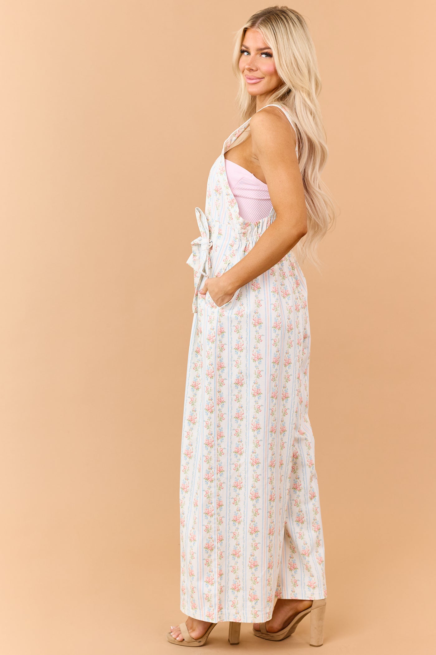 White Floral Stripe Print Denim Bow Detail Jumpsuit