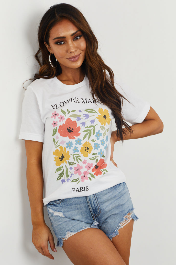 White 'Flower Market' Floral Graphic Tee Shirt