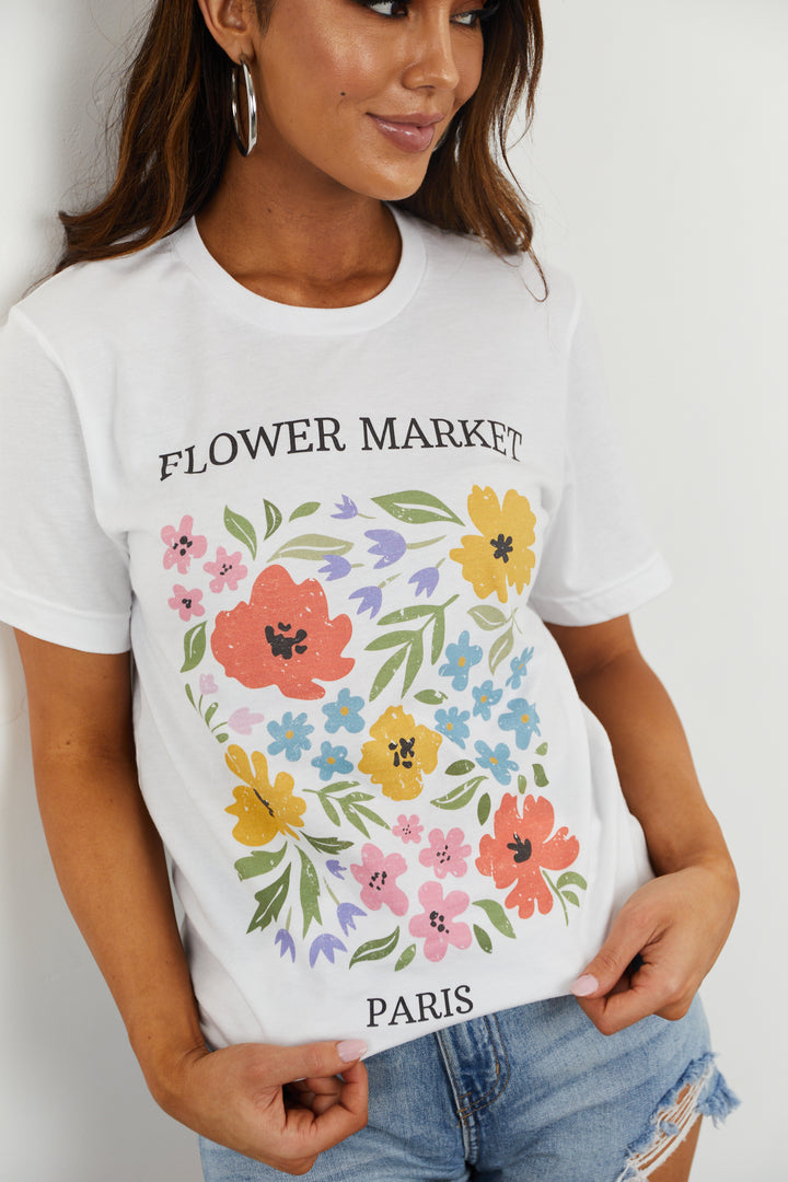 White 'Flower Market' Floral Graphic Tee Shirt