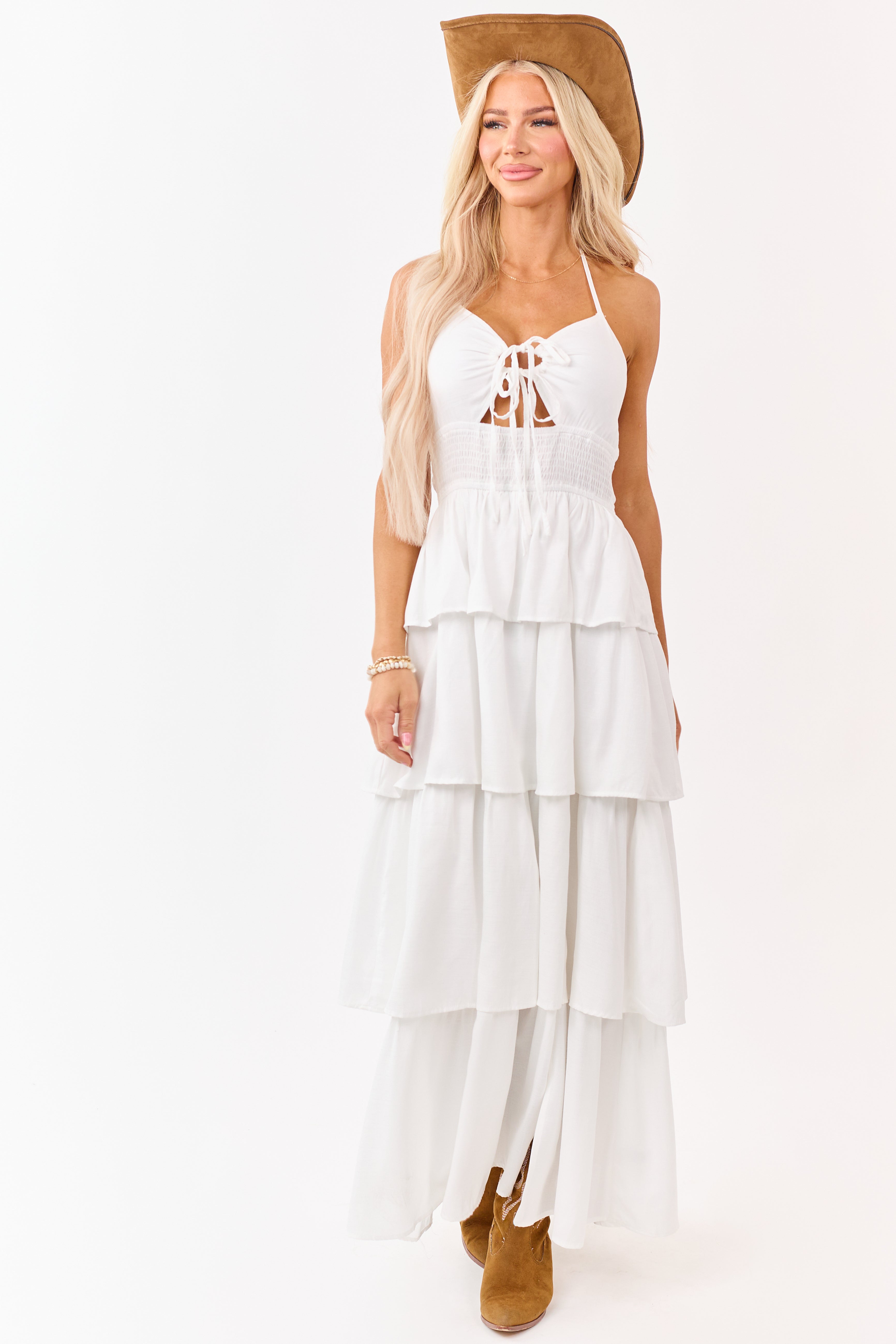 White Front Cut Out Tiered Side Slit Maxi Dress
