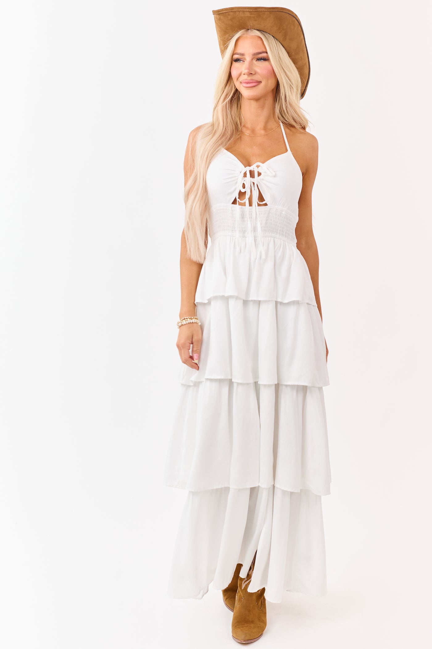White Front Cut Out Tiered Side Slit Maxi Dress