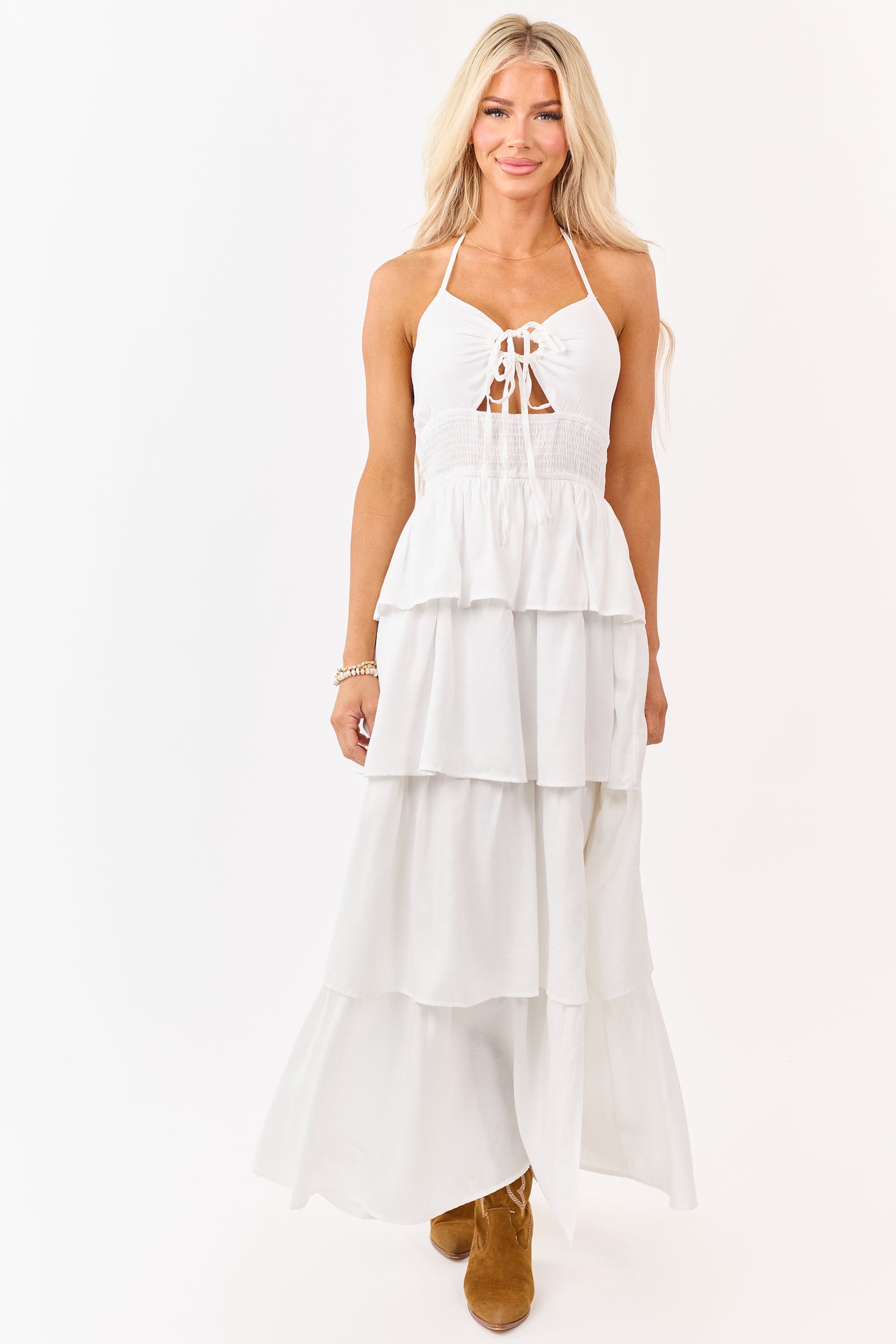 White Front Cut Out Tiered Side Slit Maxi Dress | Lime Lush Boutique White Front Cut Out Tiered Side Slit Maxi Dress | Lime Lush Boutique