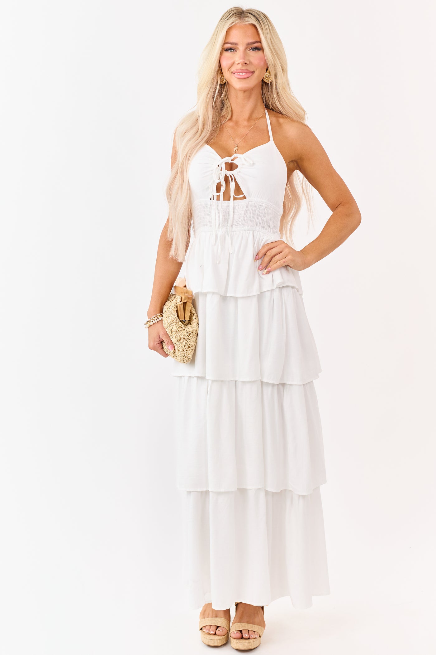 White Front Cut Out Tiered Side Slit Maxi Dress