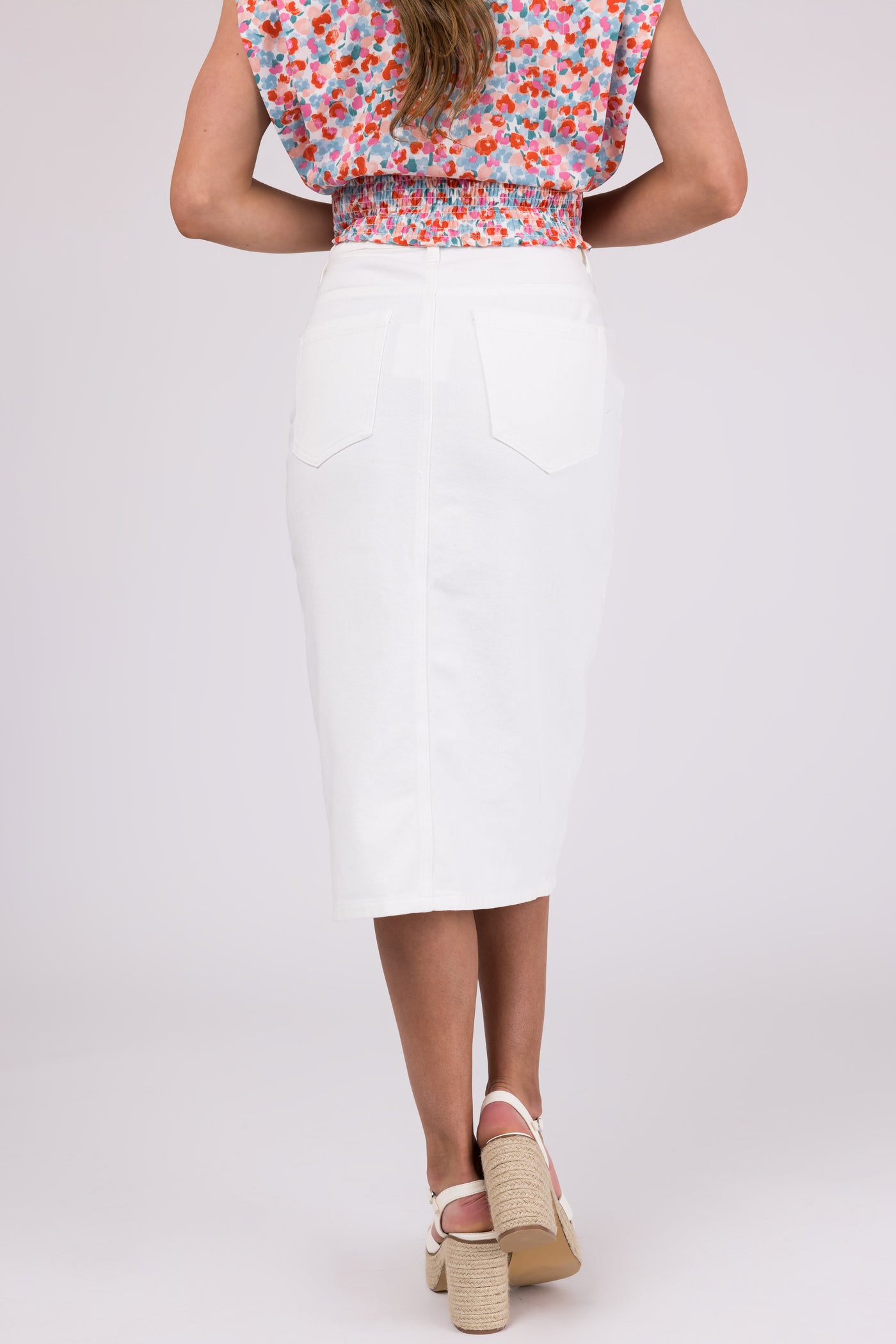 White Front Slit Denim Midi Pencil Skirt