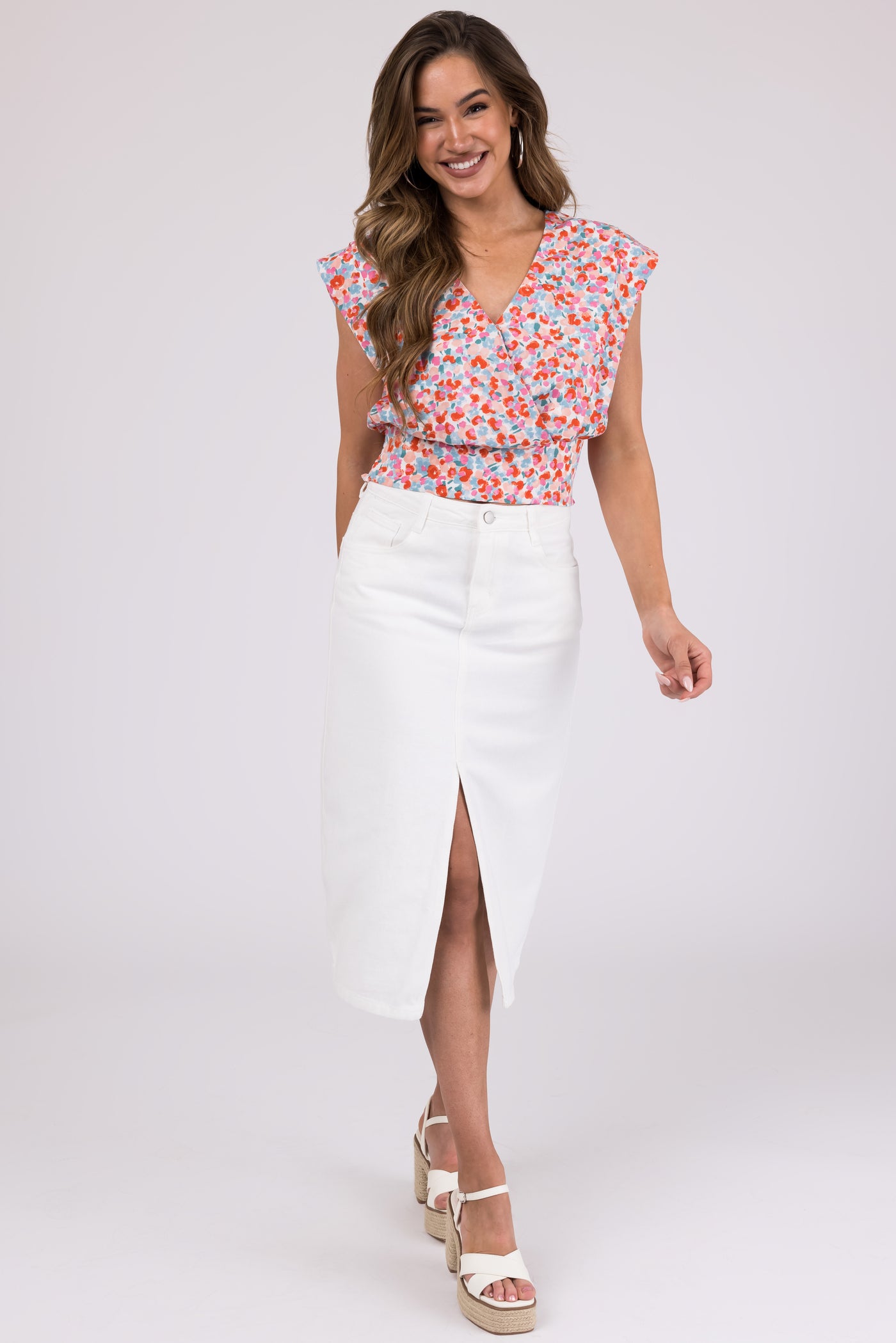 White Front Slit Denim Midi Pencil Skirt