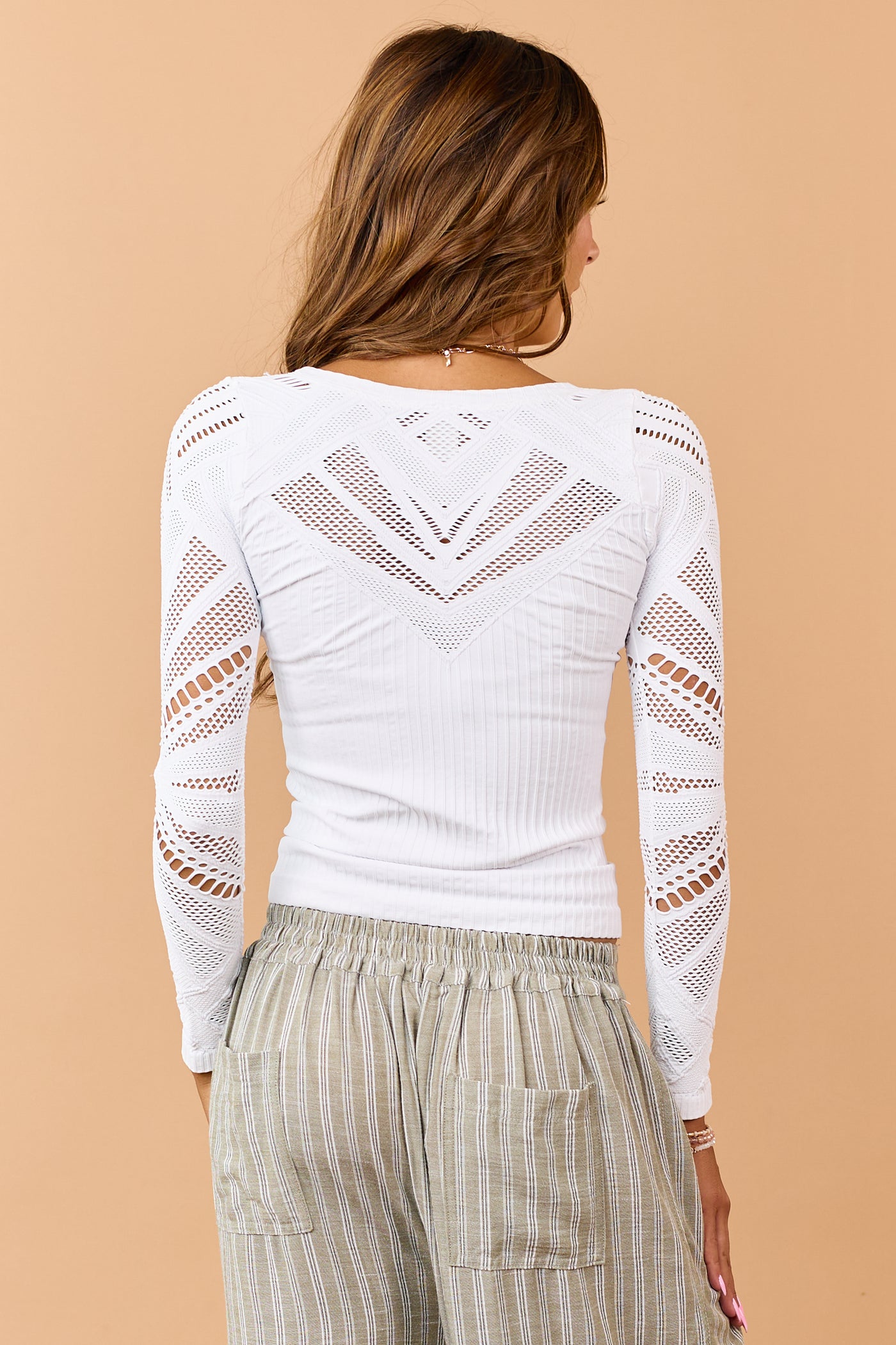 White Geometric Fishnet Long Sleeve Knit Top
