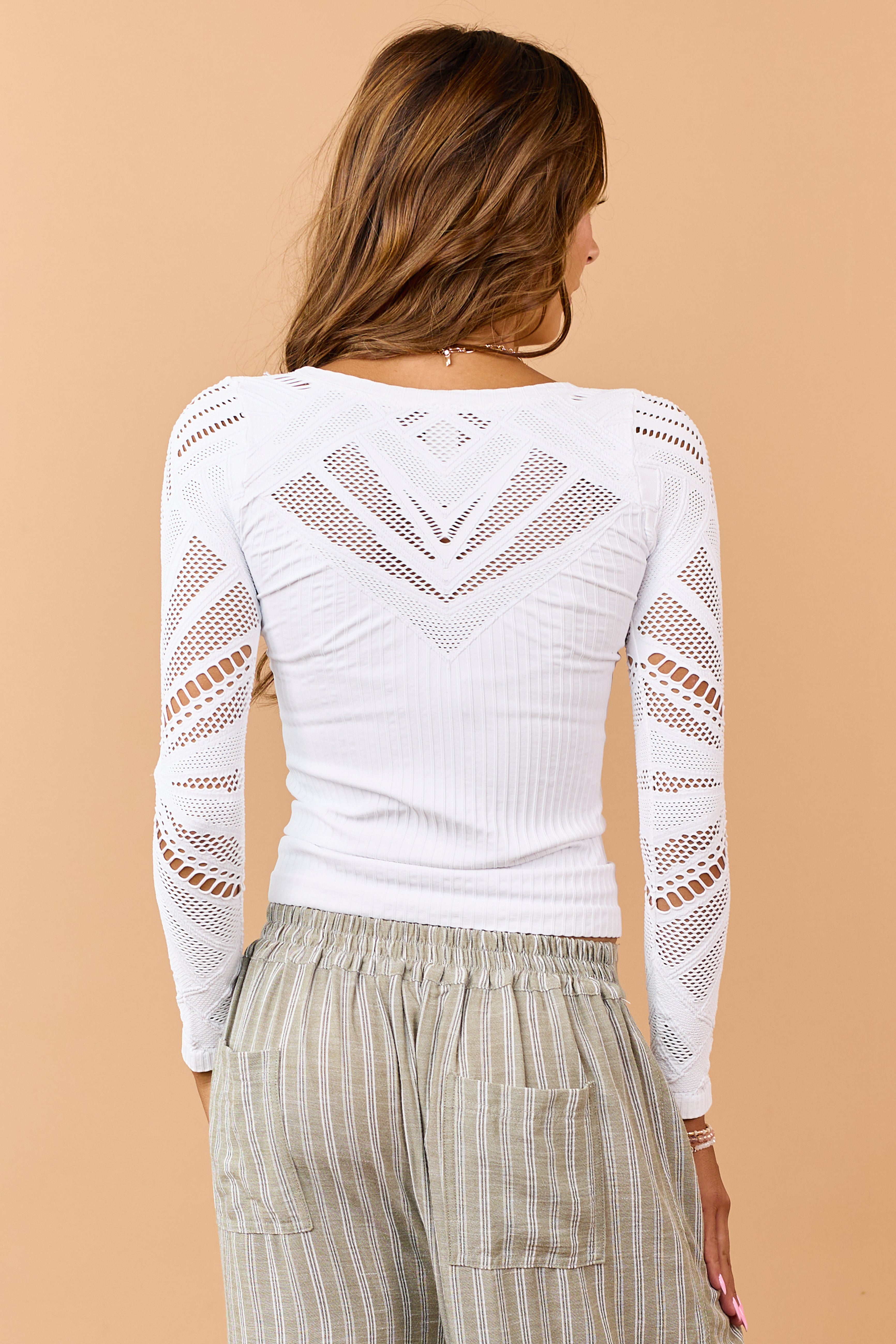 White Geometric Fishnet Long Sleeve Knit Top