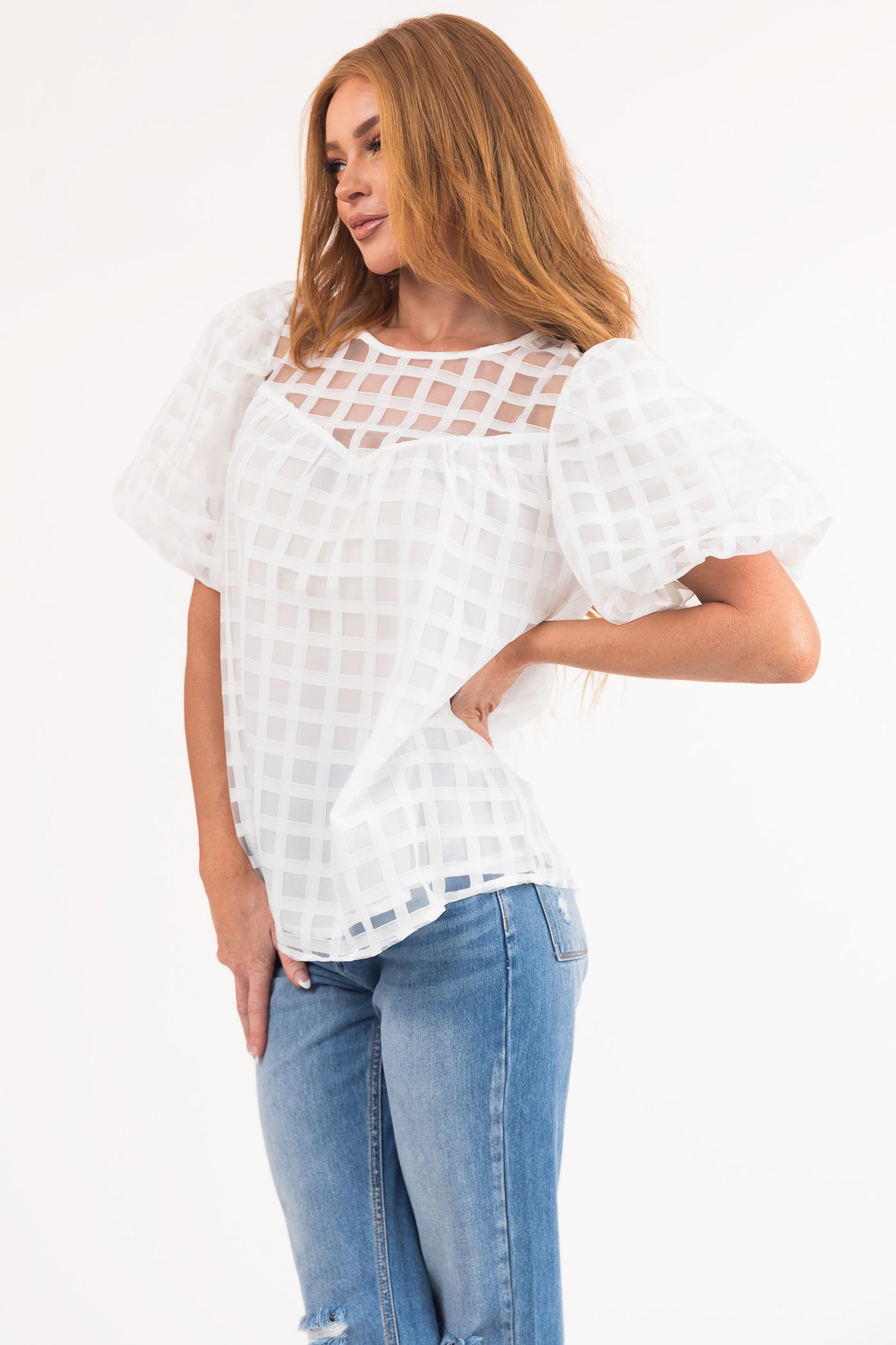 White Gingham Textured Puff Sleeve Yoke Woven Top