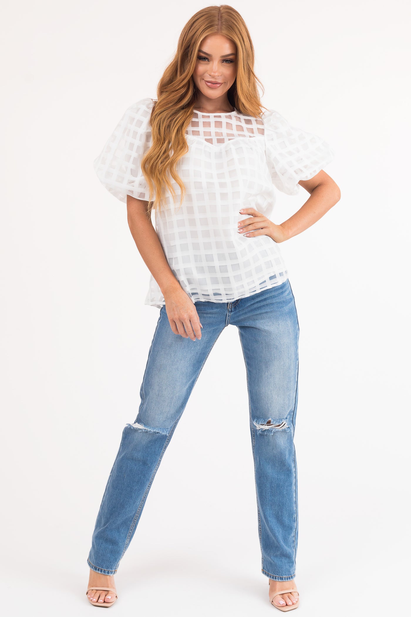 White Gingham Textured Puff Sleeve Yoke Woven Top