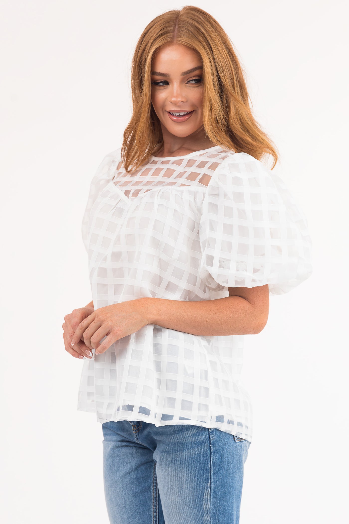 White Gingham Textured Puff Sleeve Yoke Woven Top