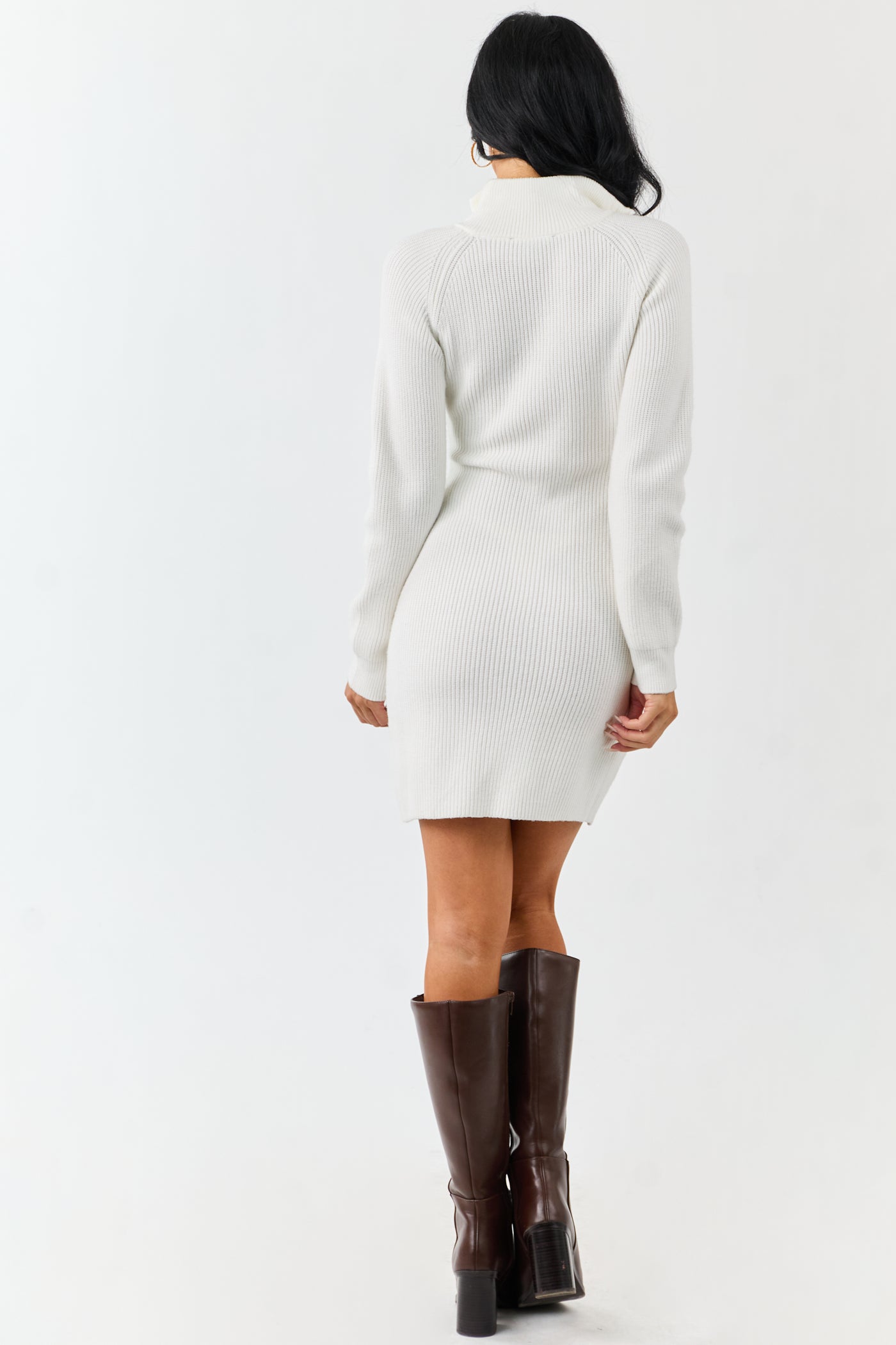 White Half Zip Up Mock Neck Mini Sweater Dress
