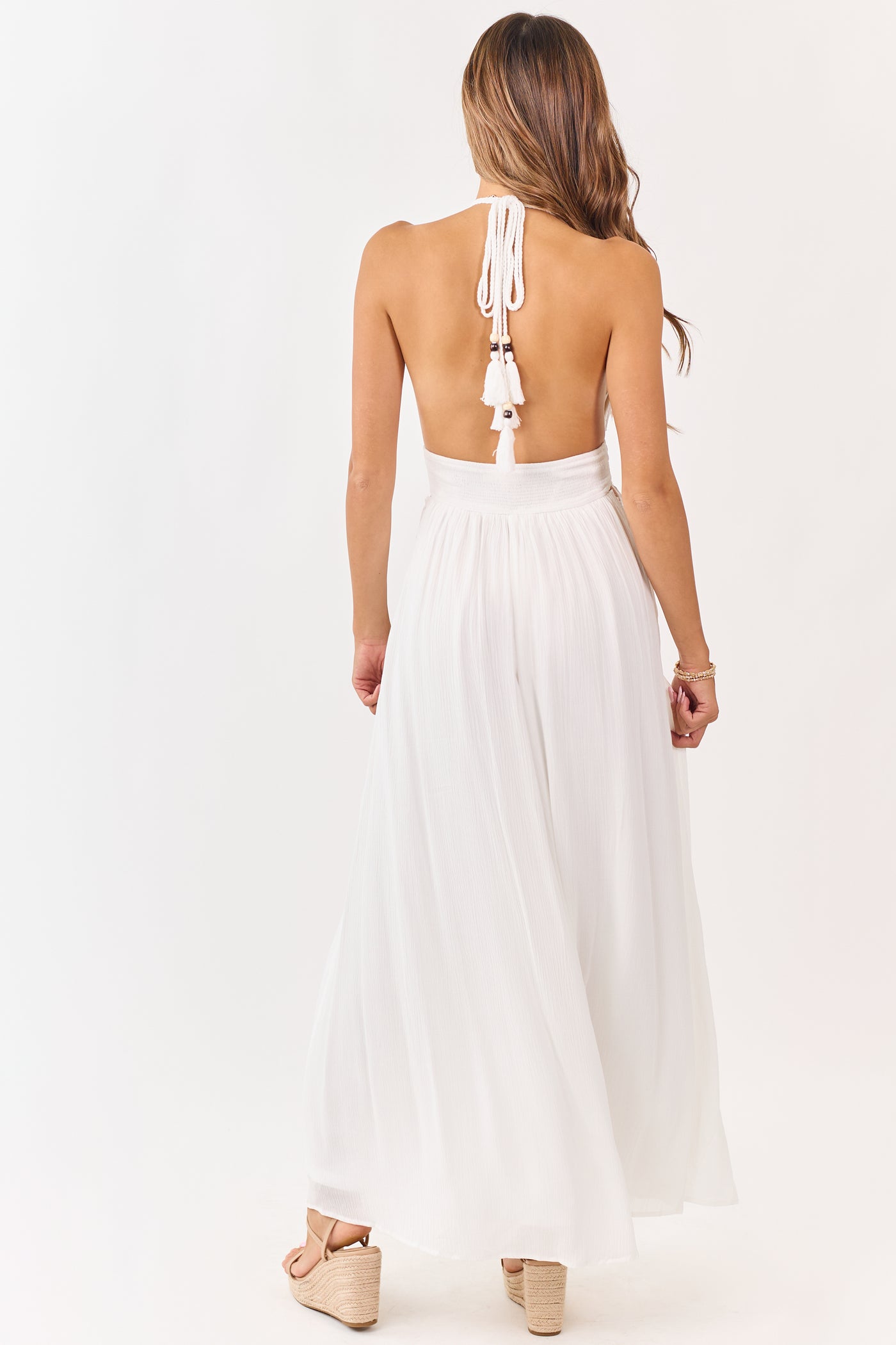White Halter Neck Smocked Waist Maxi Dress