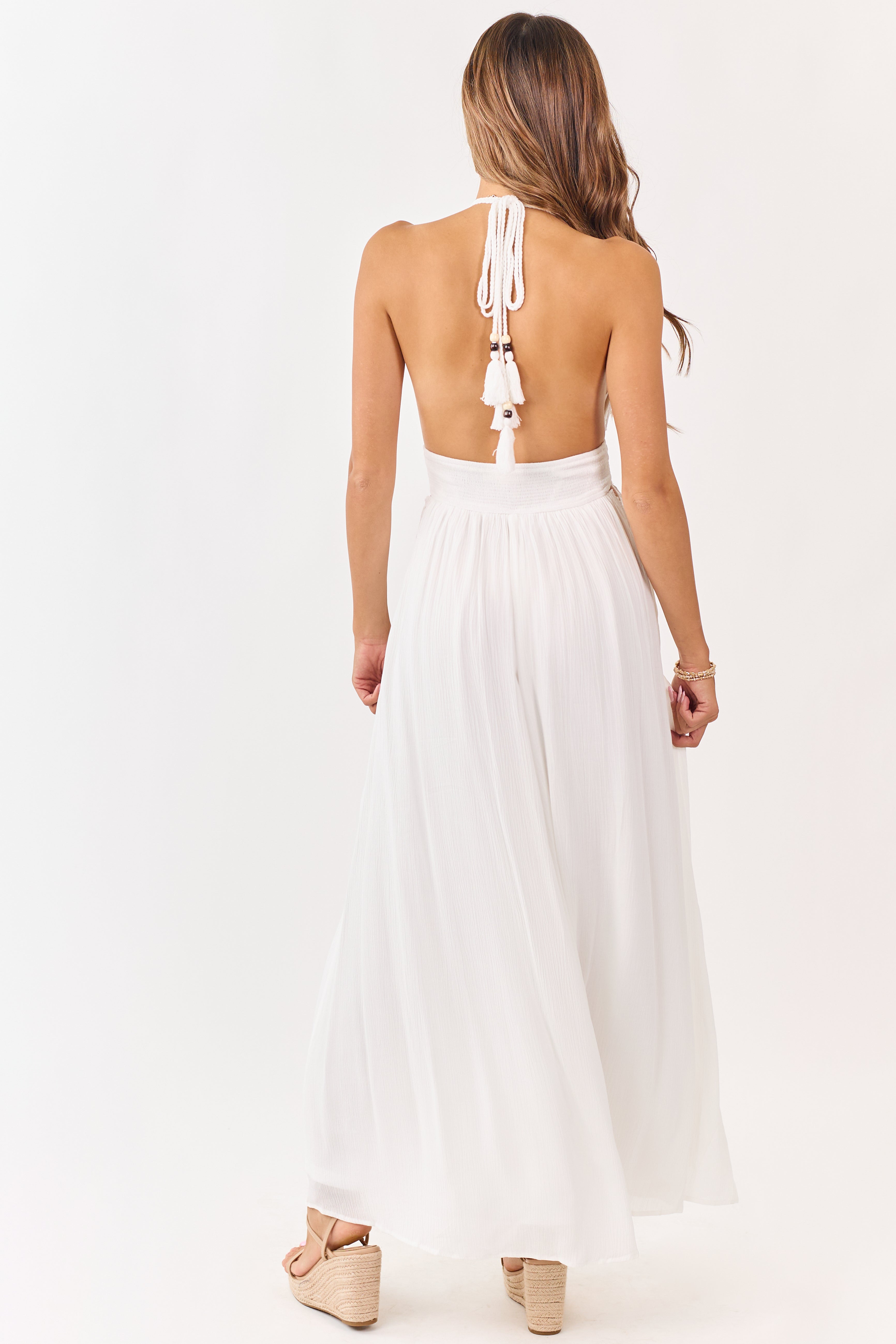 White Halter Neck Smocked Waist Maxi Dress