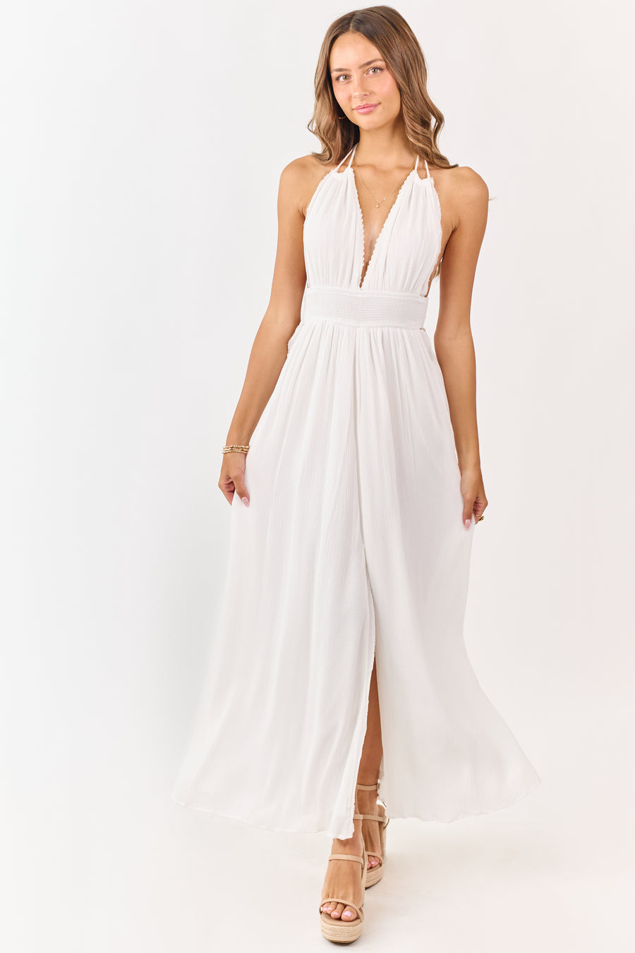White Halter Neck Smocked Waist Maxi Dress