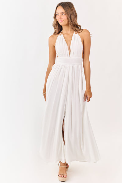 White Halter Neck Smocked Waist Maxi Dress