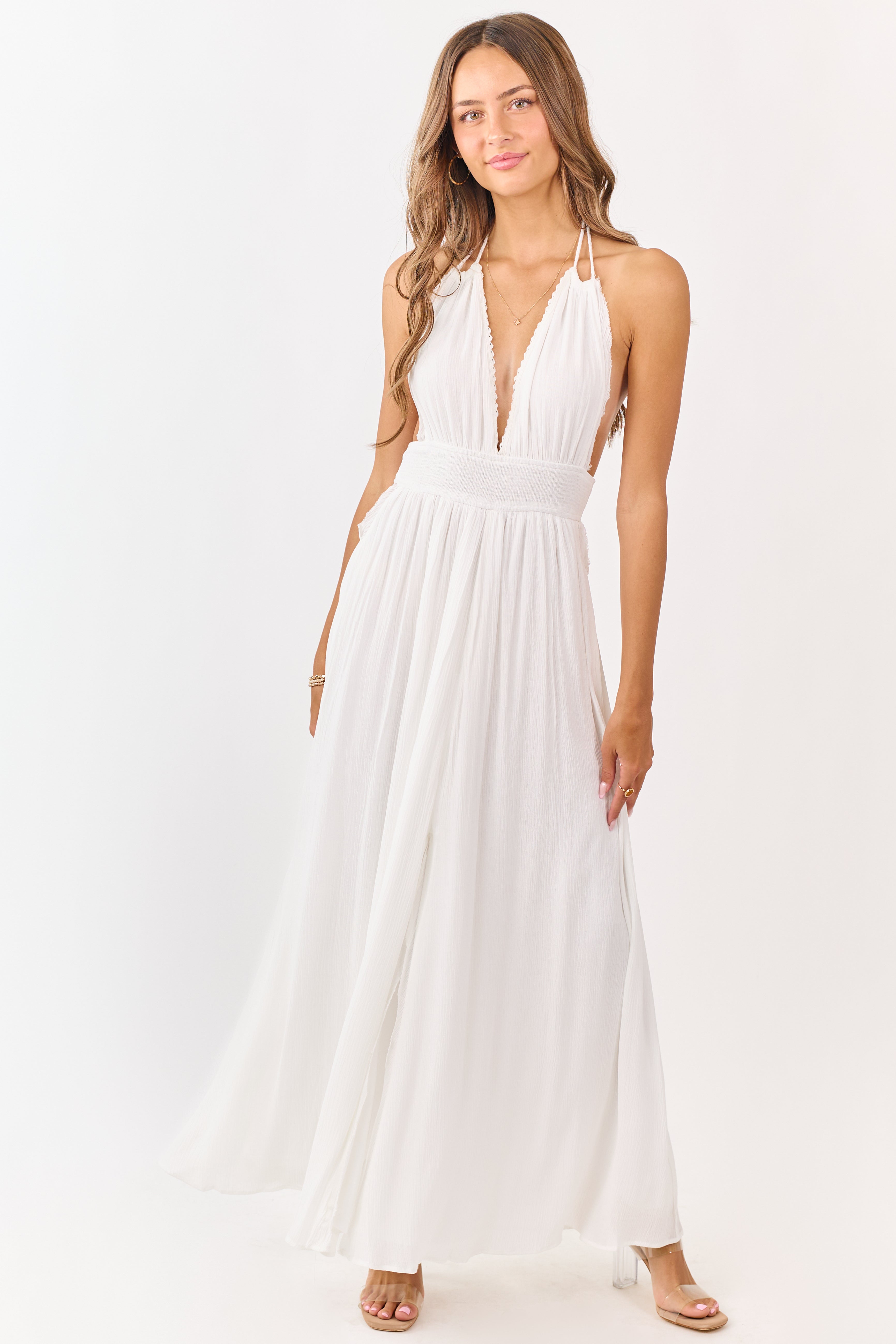 White Halter Neck Smocked Waist Maxi Dress