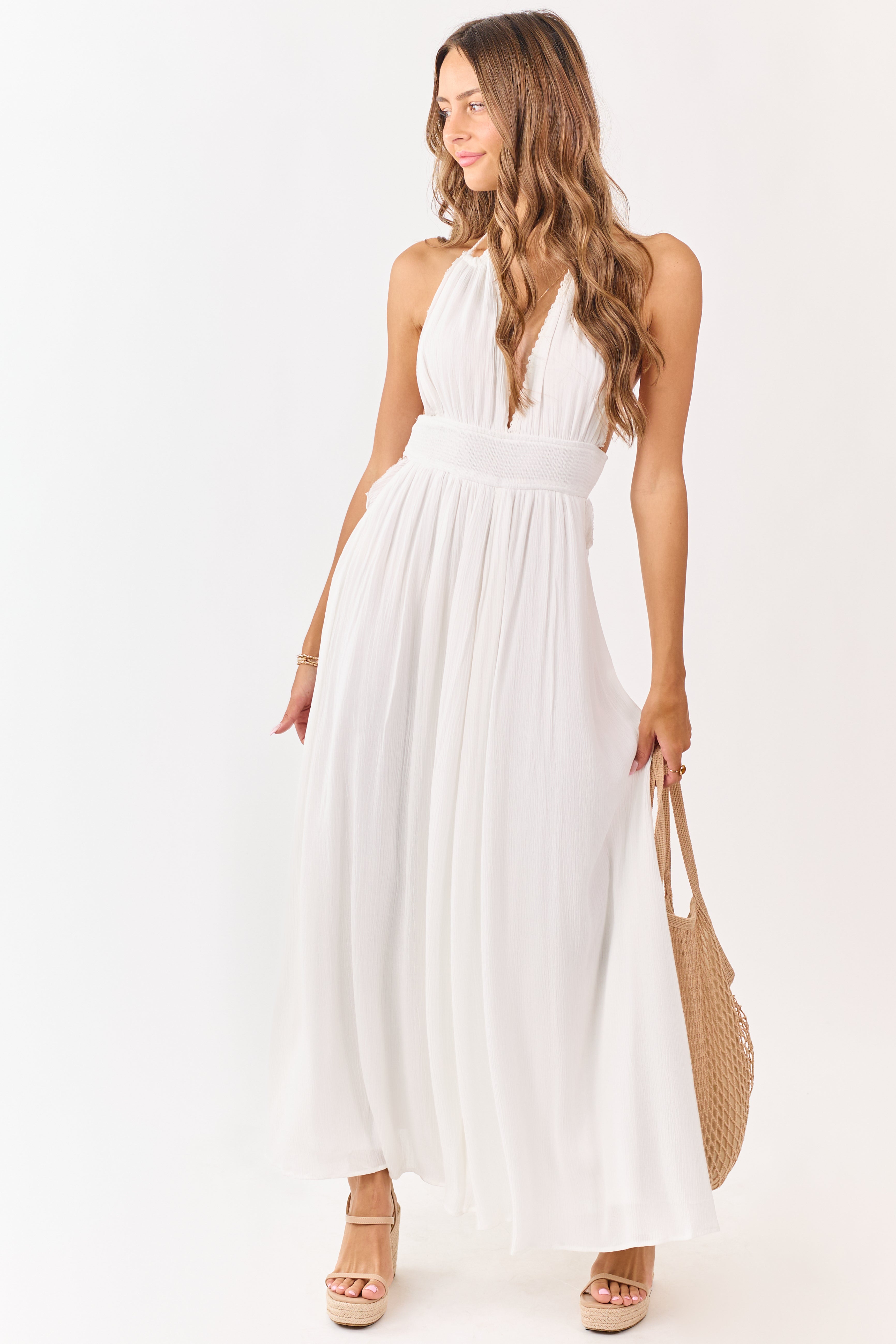 White Halter Neck Smocked Waist Maxi Dress