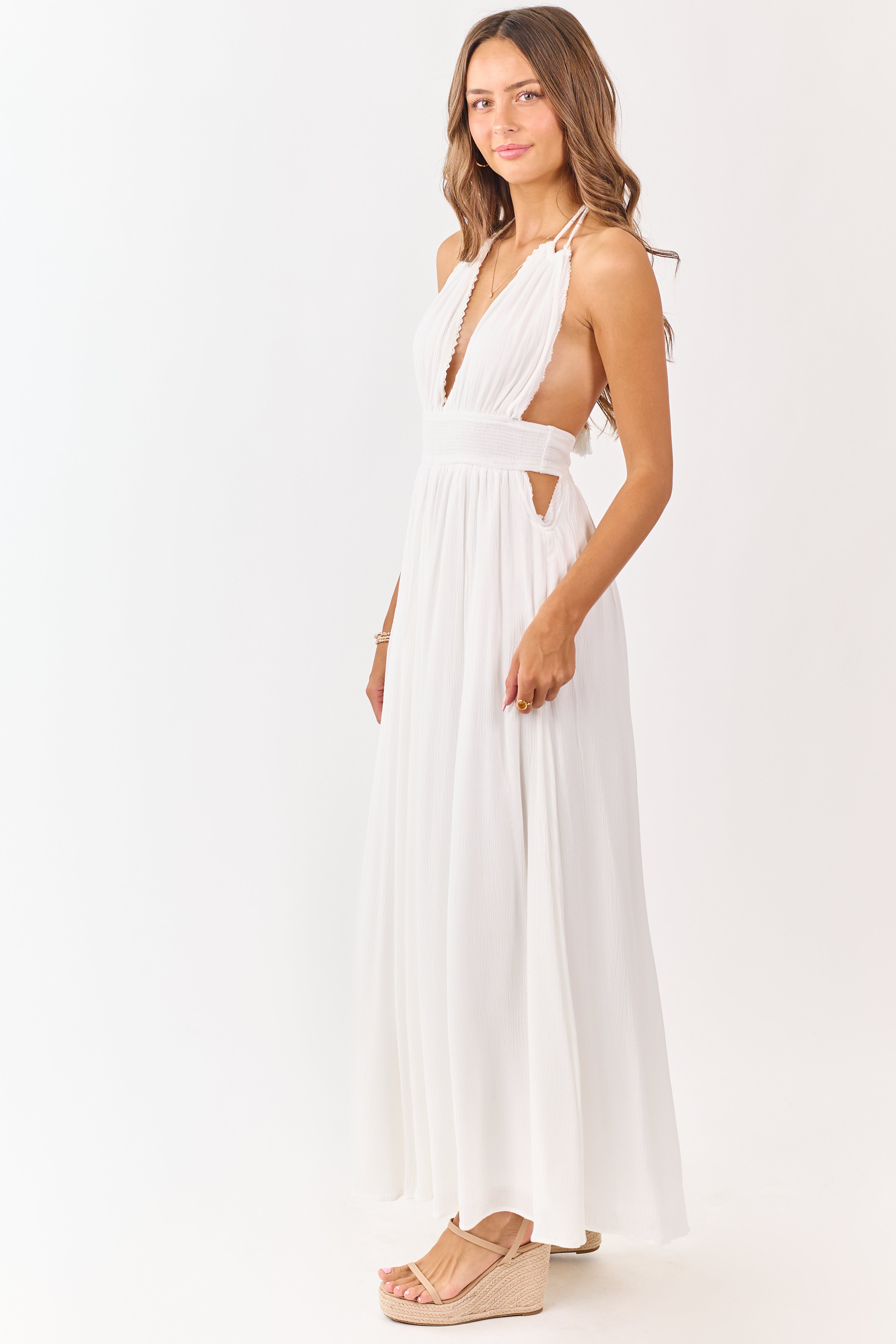 White Halter Neck Smocked Waist Maxi Dress
