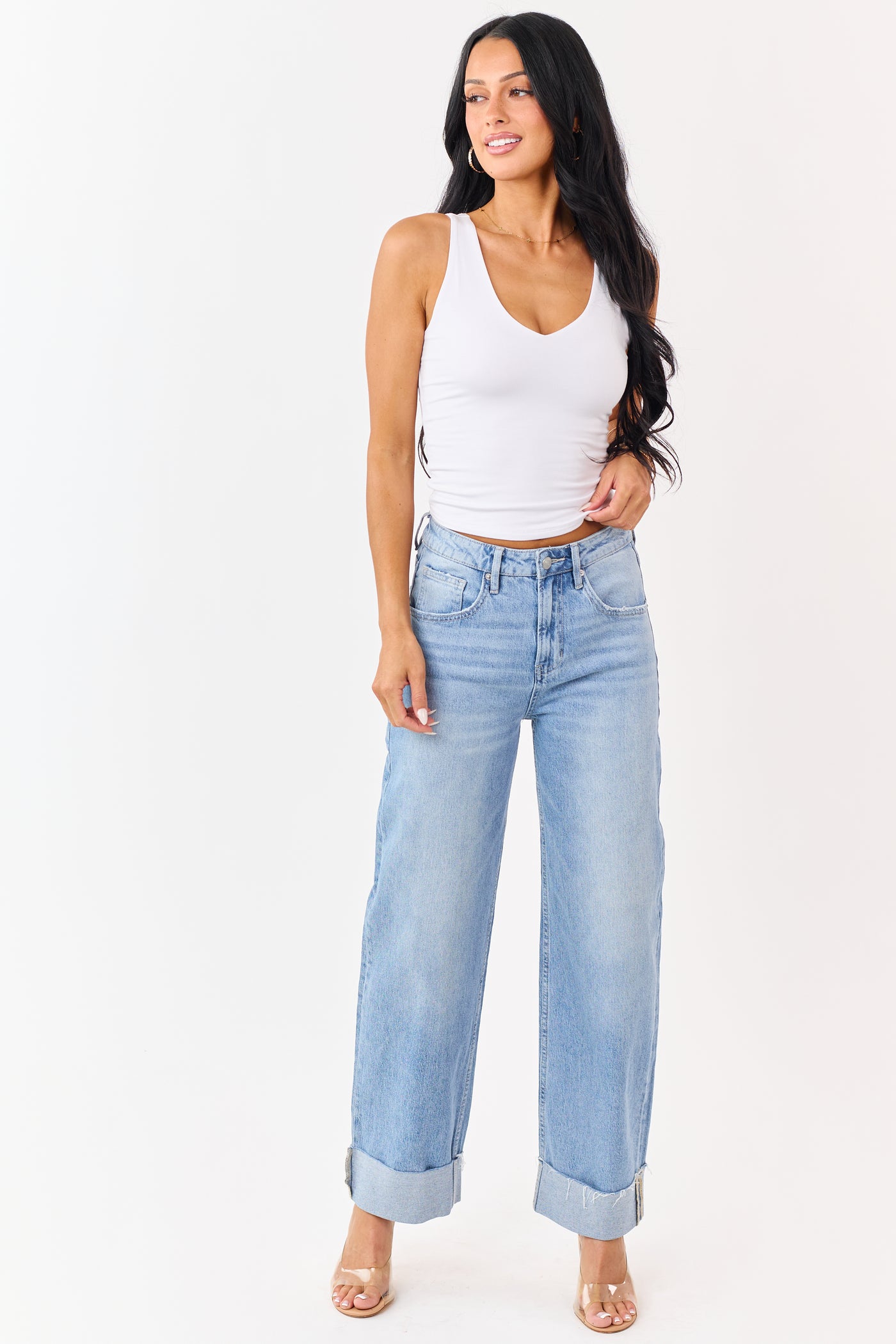 White Jersey Knit Double Layer V Neck Tank Top