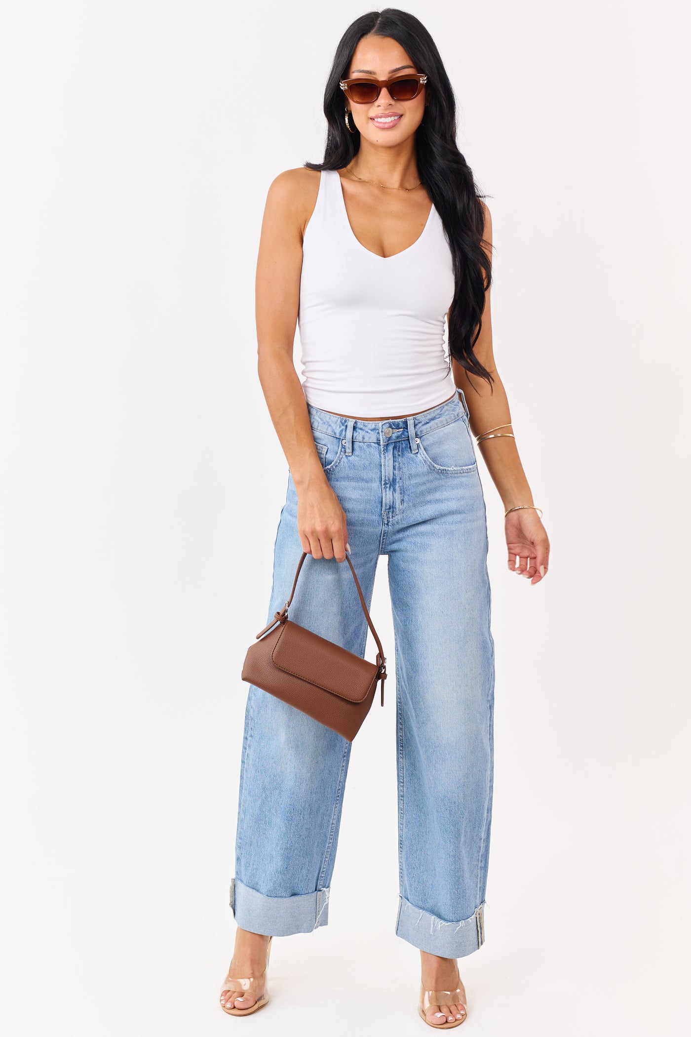 White Jersey Knit Double Layer V Neck Tank Top