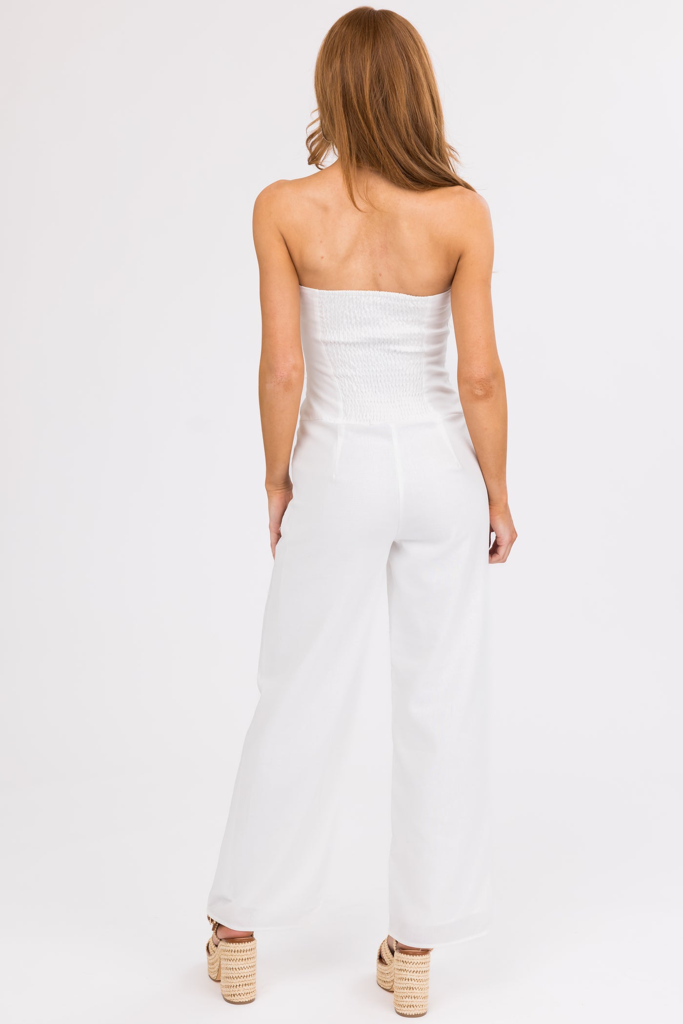 White Linen Strapless Low Waist Jumpsuit