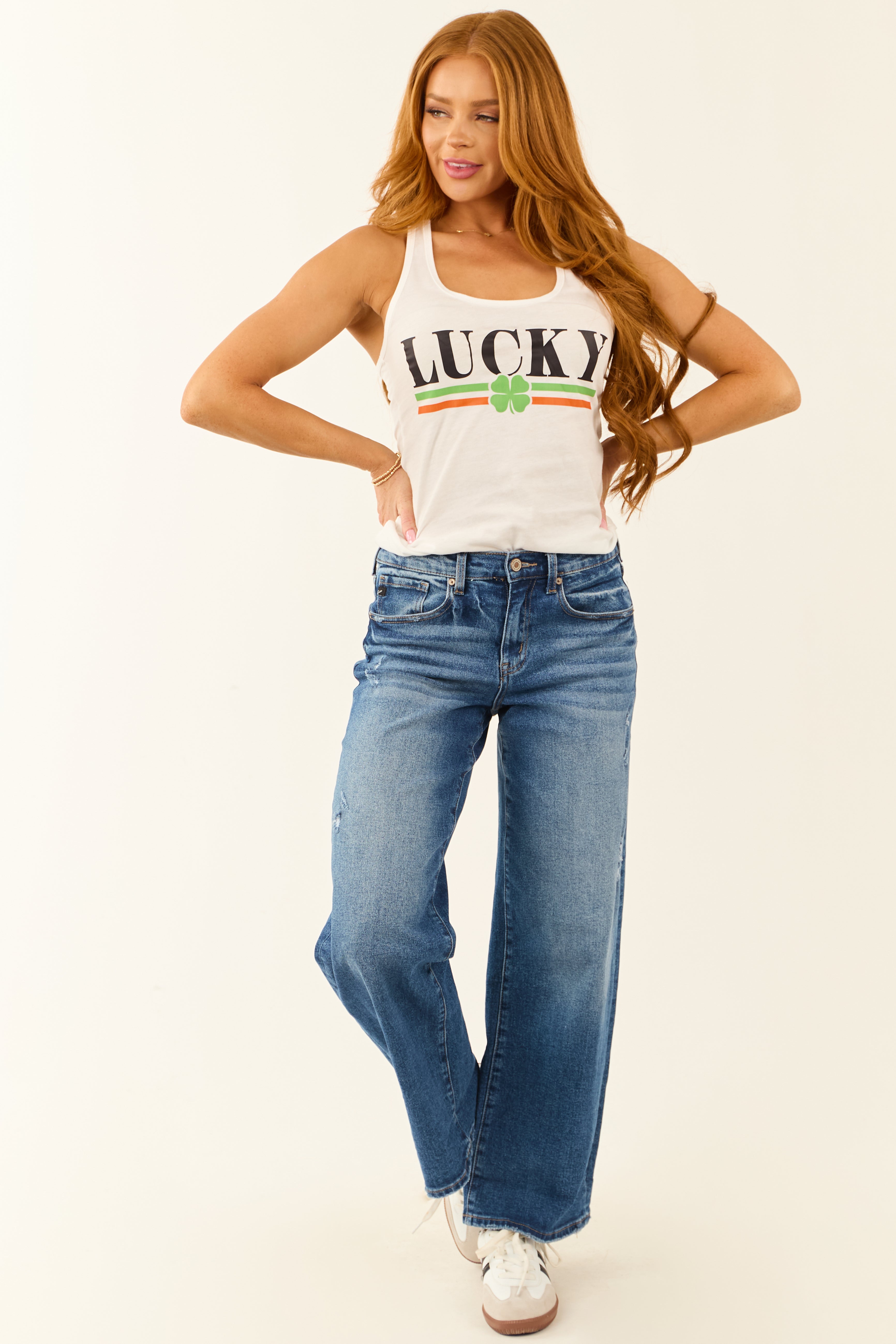 White 'Lucky' Clover Graphic Racerback Tank Top | Lime Lush Boutique