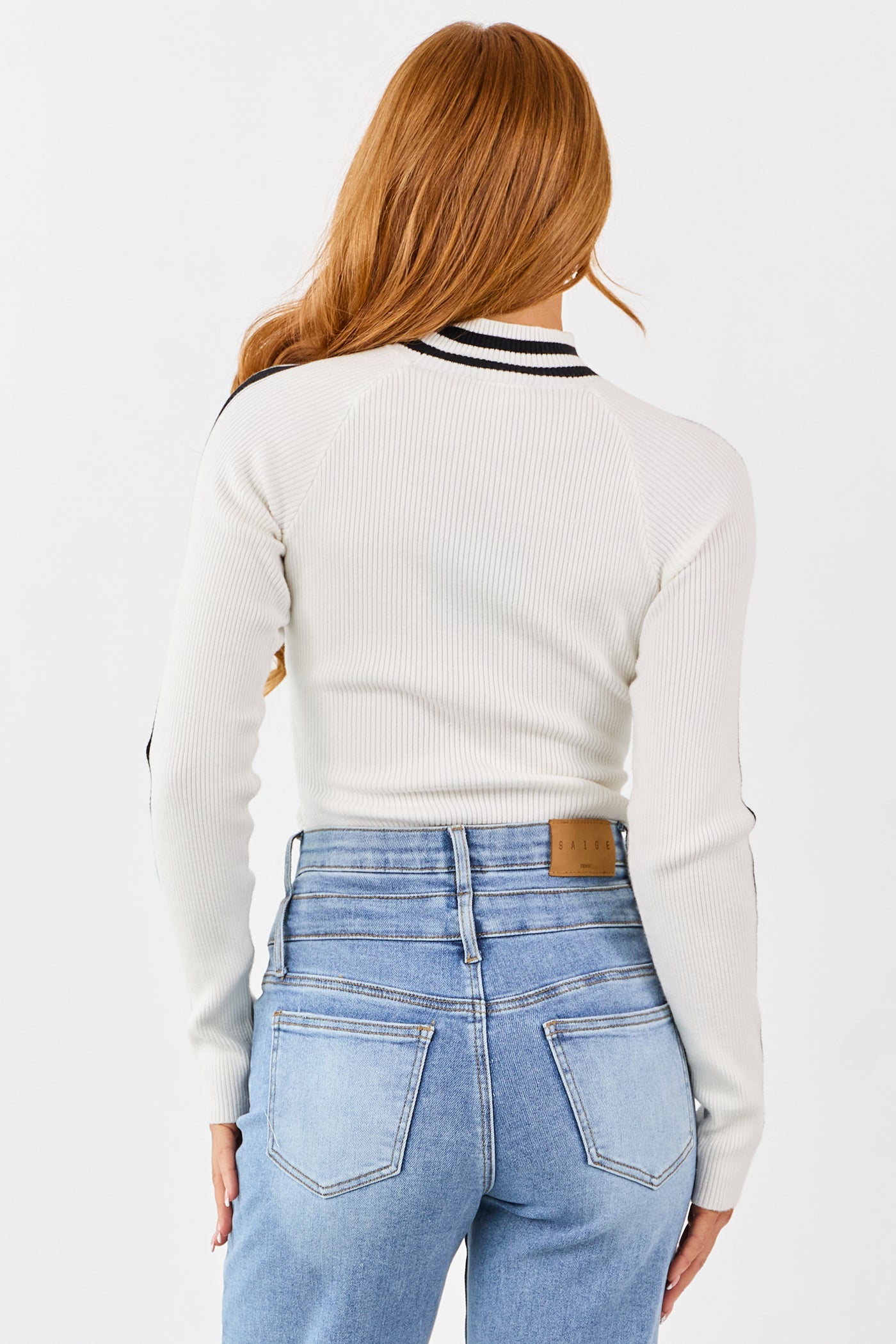 White Mock Neck Ribbed Knit Long Sleeve Bodysuit