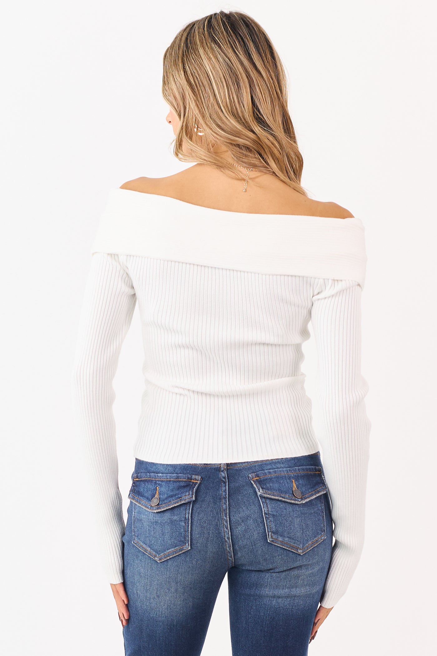 White Off Shoulder Wrap Style Rib Knit Sweater Top