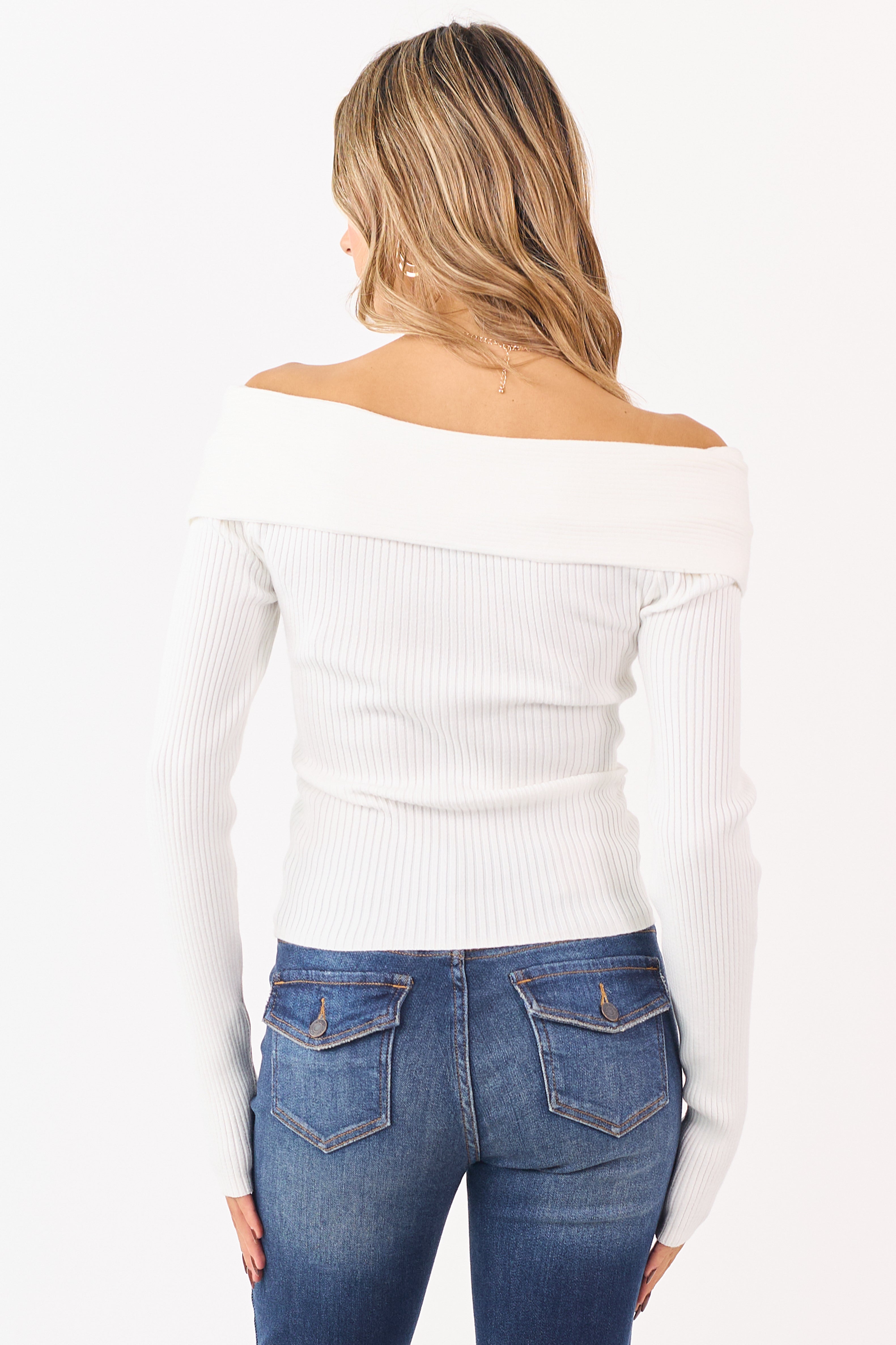 White Off Shoulder Wrap Style Rib Knit Sweater Top