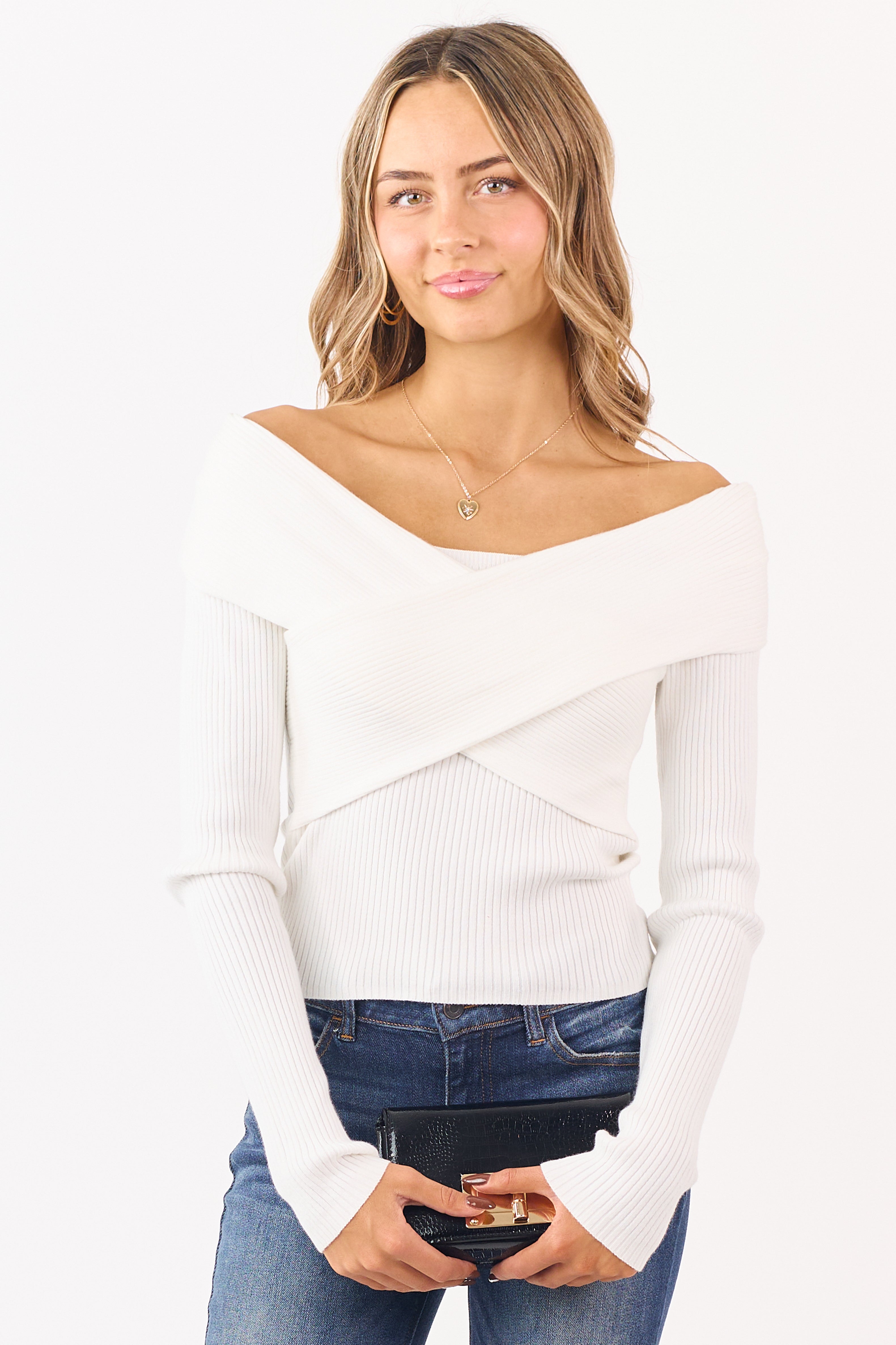 White Off Shoulder Wrap Style Rib Knit Sweater Top