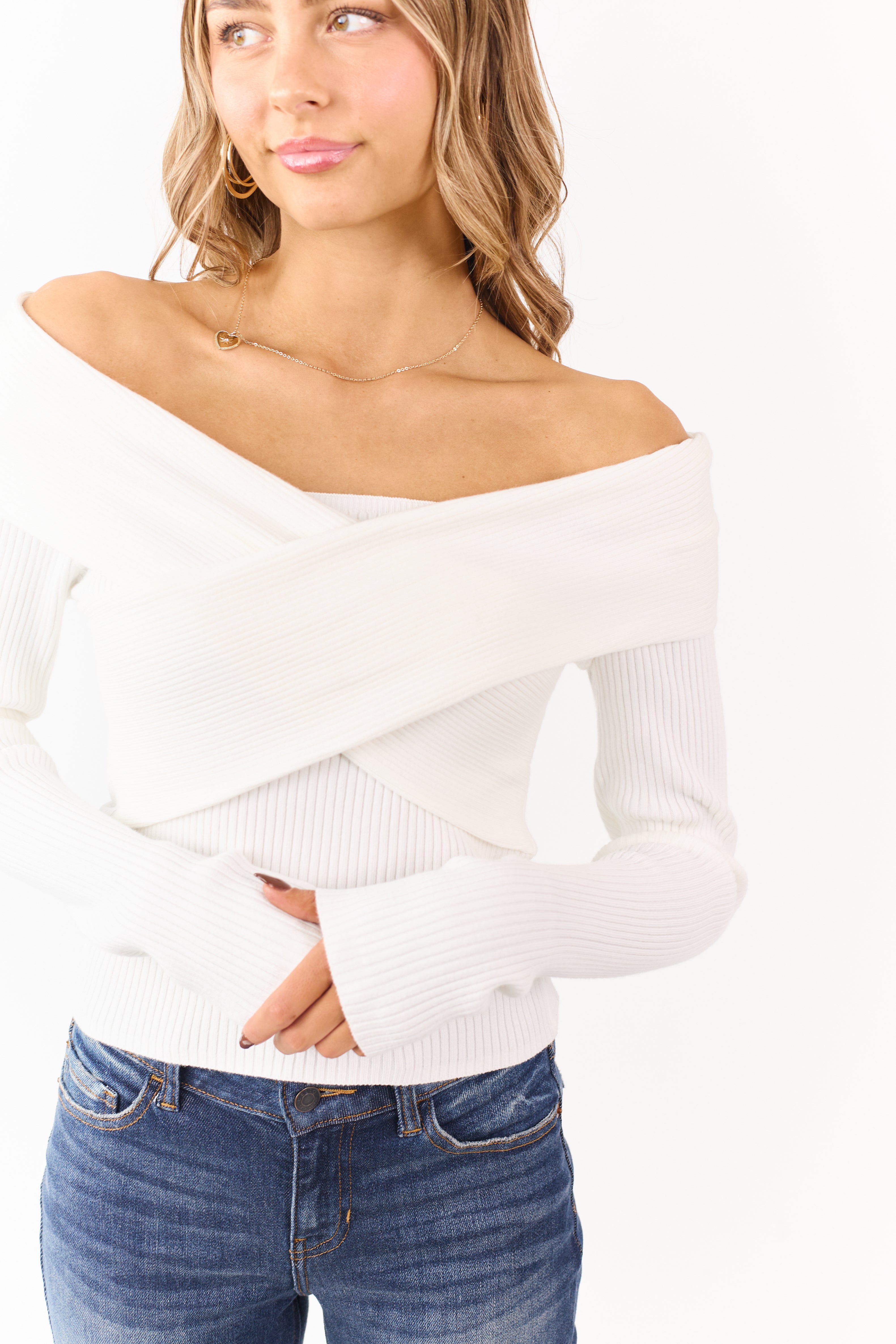 White Off Shoulder Wrap Style Rib Knit Sweater Top
