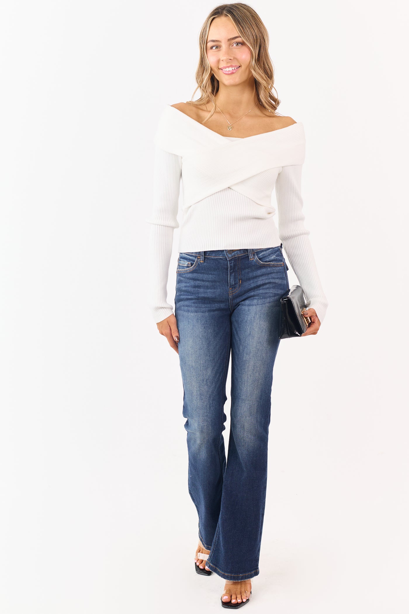 White Off Shoulder Wrap Style Rib Knit Sweater Top