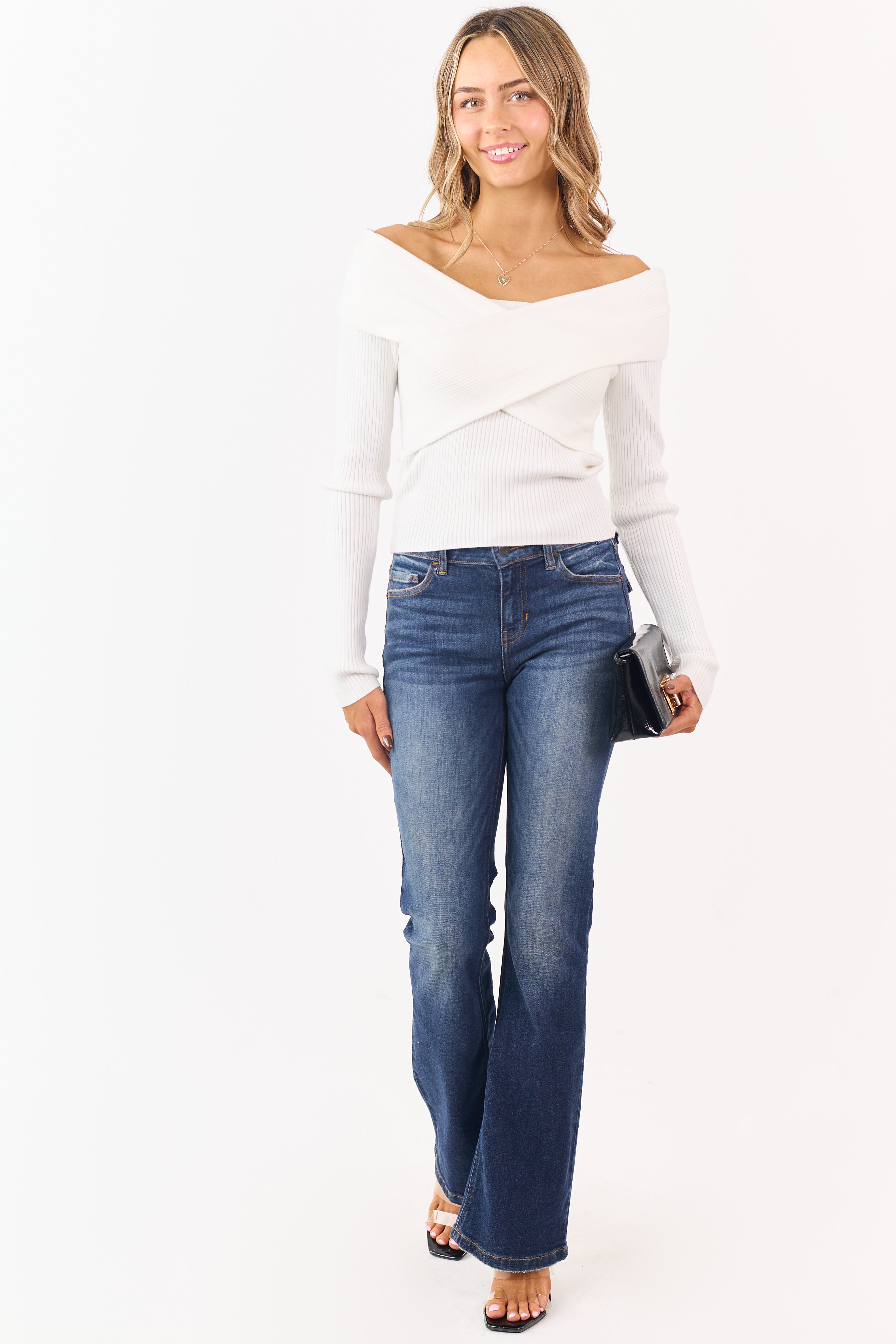 White Off Shoulder Wrap Style Rib Knit Sweater Top