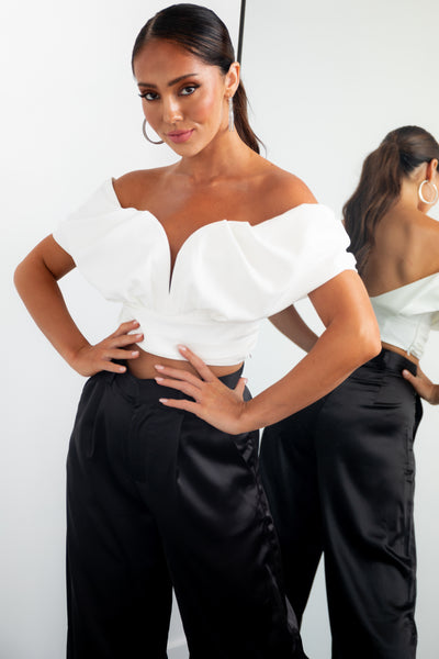 White Off the Shoulder Plunging Neck Crop Top