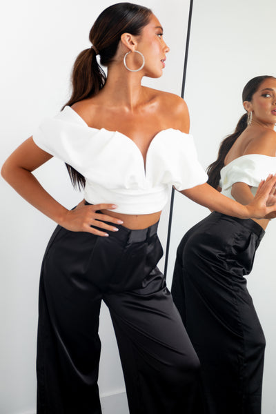 White Off the Shoulder Plunging Neck Crop Top