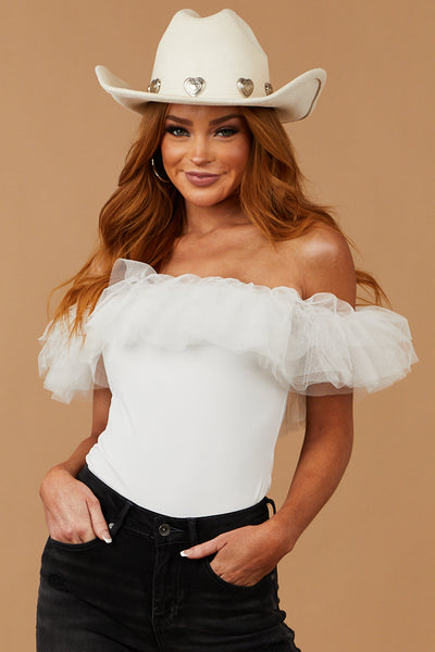 White Off the Shoulder Ruffle Mesh Bodysuit