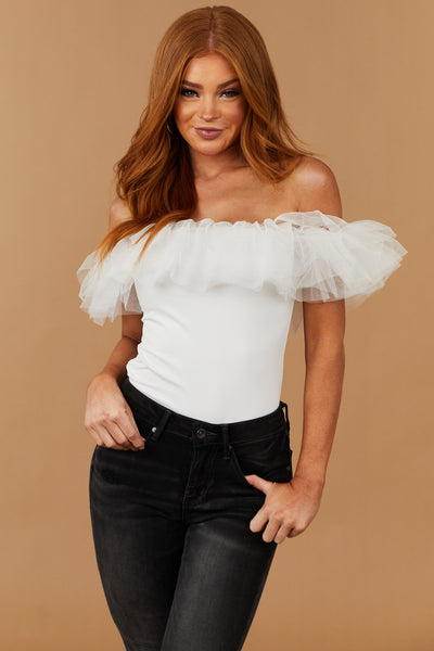 White Off the Shoulder Ruffle Mesh Bodysuit