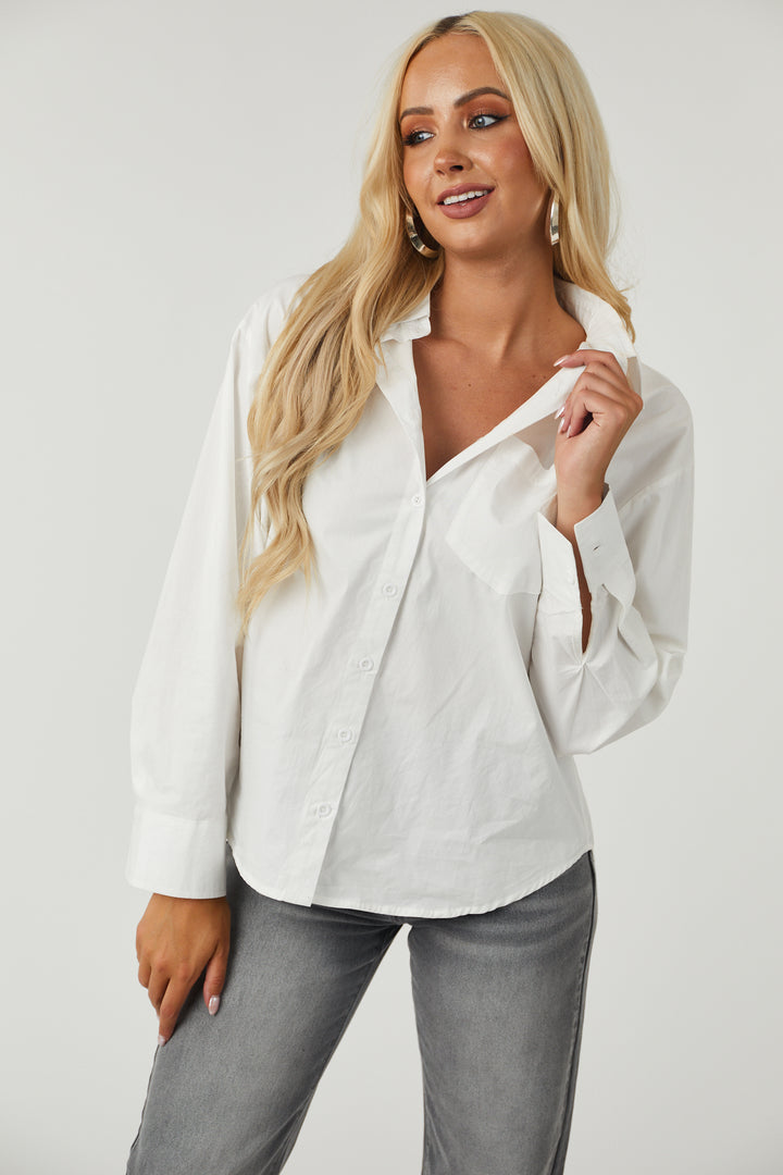 White Oversized Long Sleeve Button Down Blouse