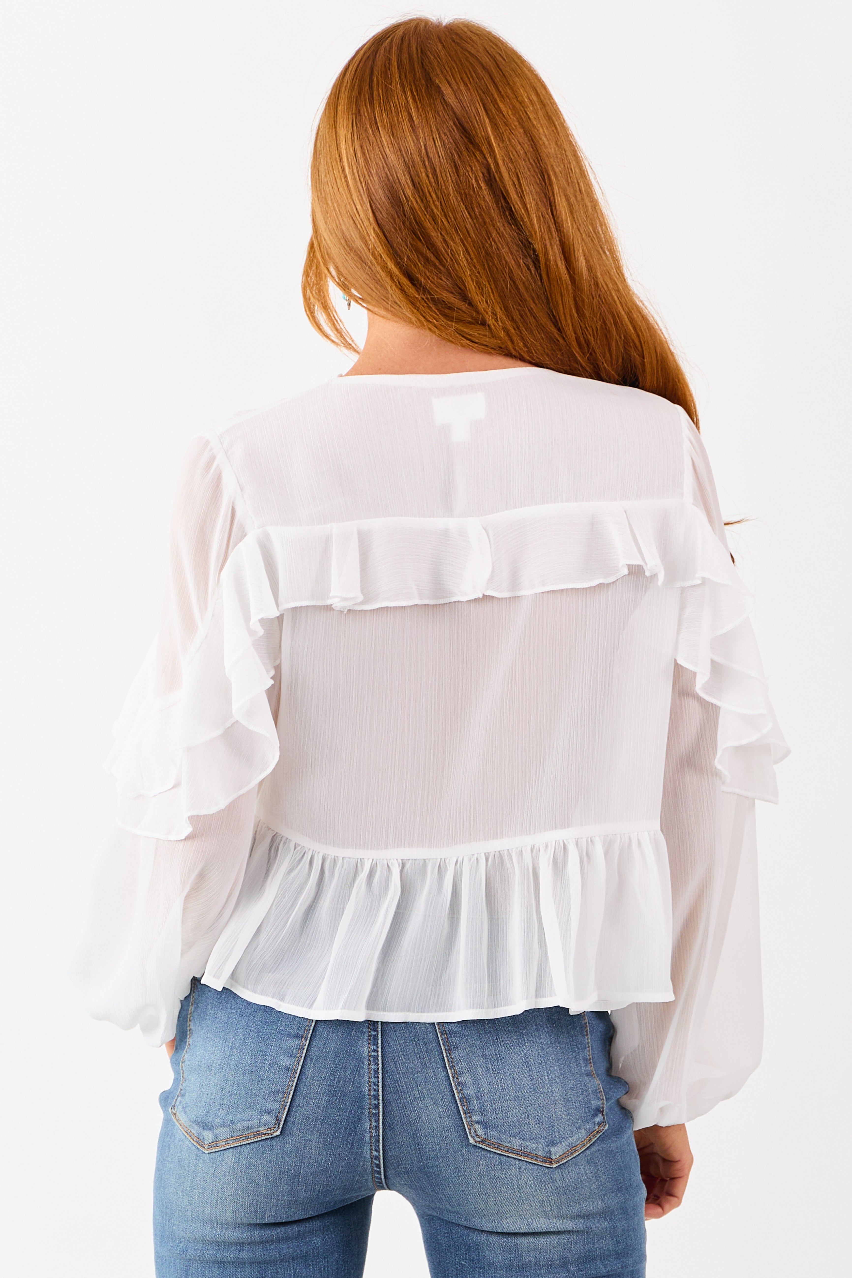 White Pintuck Open Tie Front Peplum Blouse