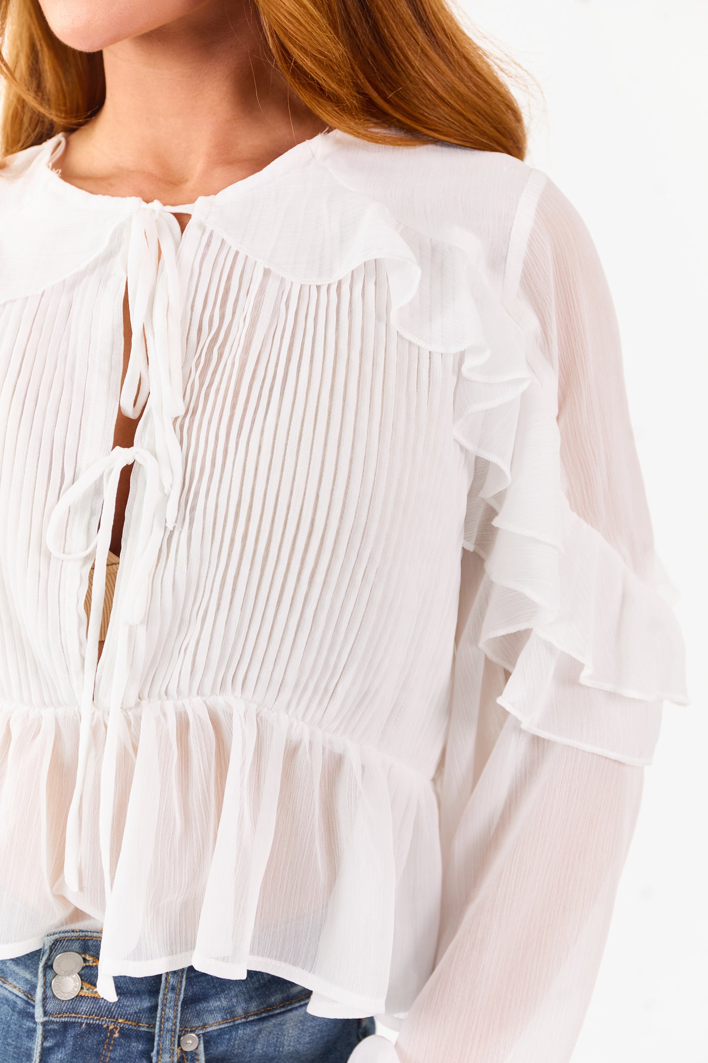 White Pintuck Open Tie Front Peplum Blouse