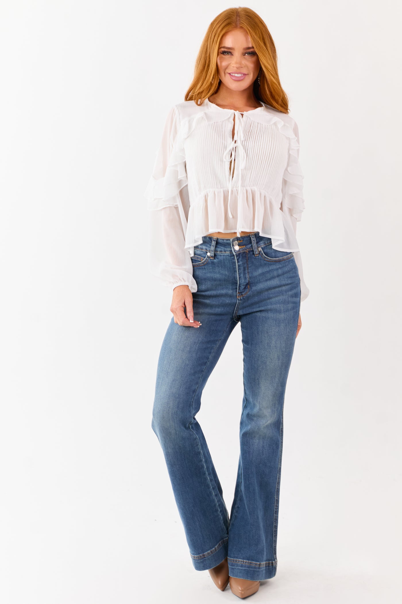 White Pintuck Open Tie Front Peplum Blouse