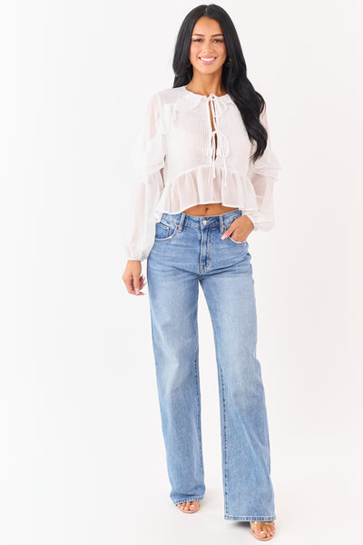 White Pintuck Open Tie Front Peplum Blouse