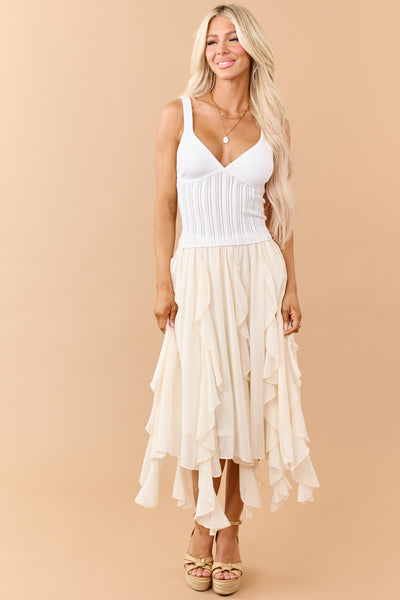 White Pointelle Cable Knit V-Neck Tank Top