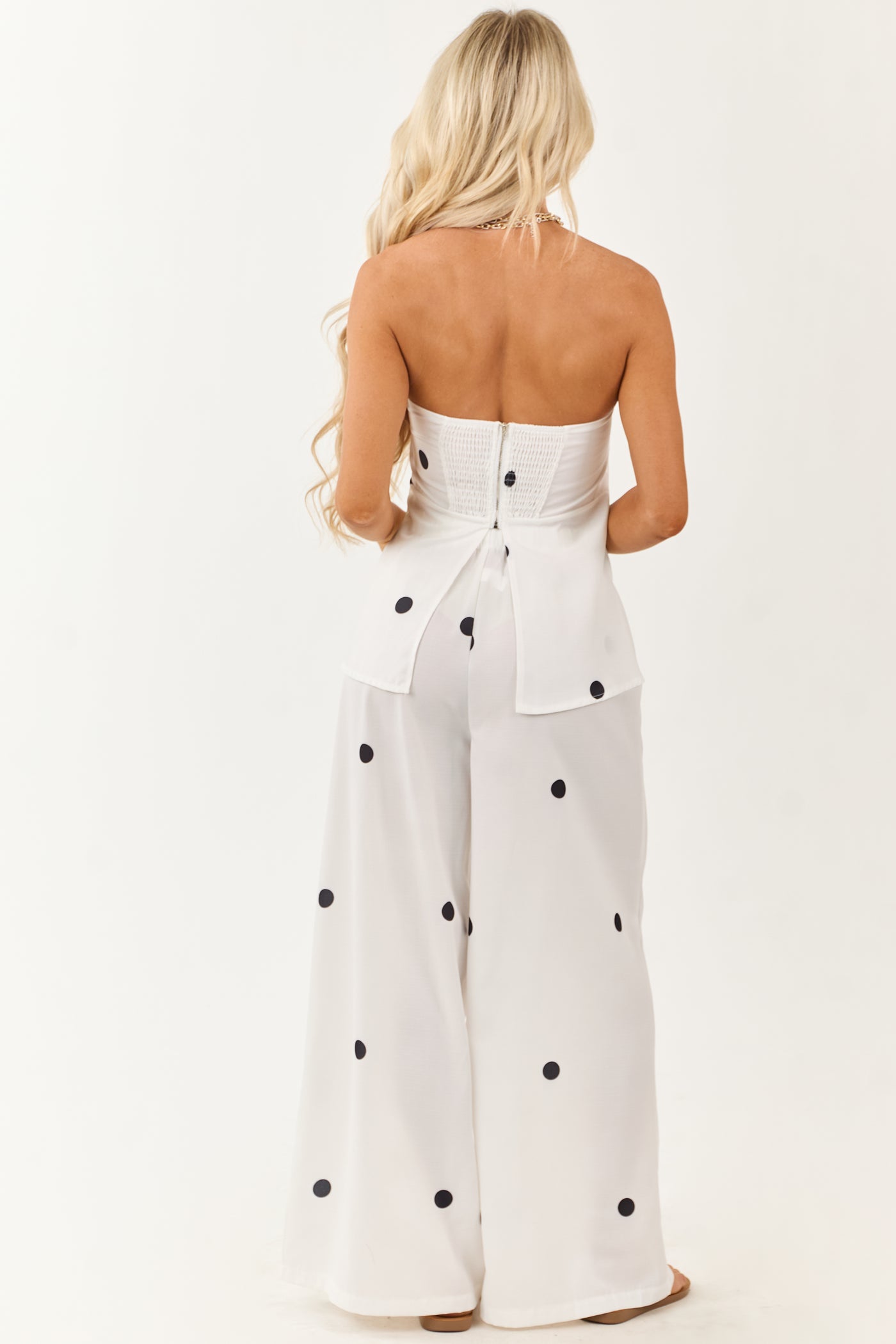 White Polka Dot Strapless Top and Wide Leg Pants Set