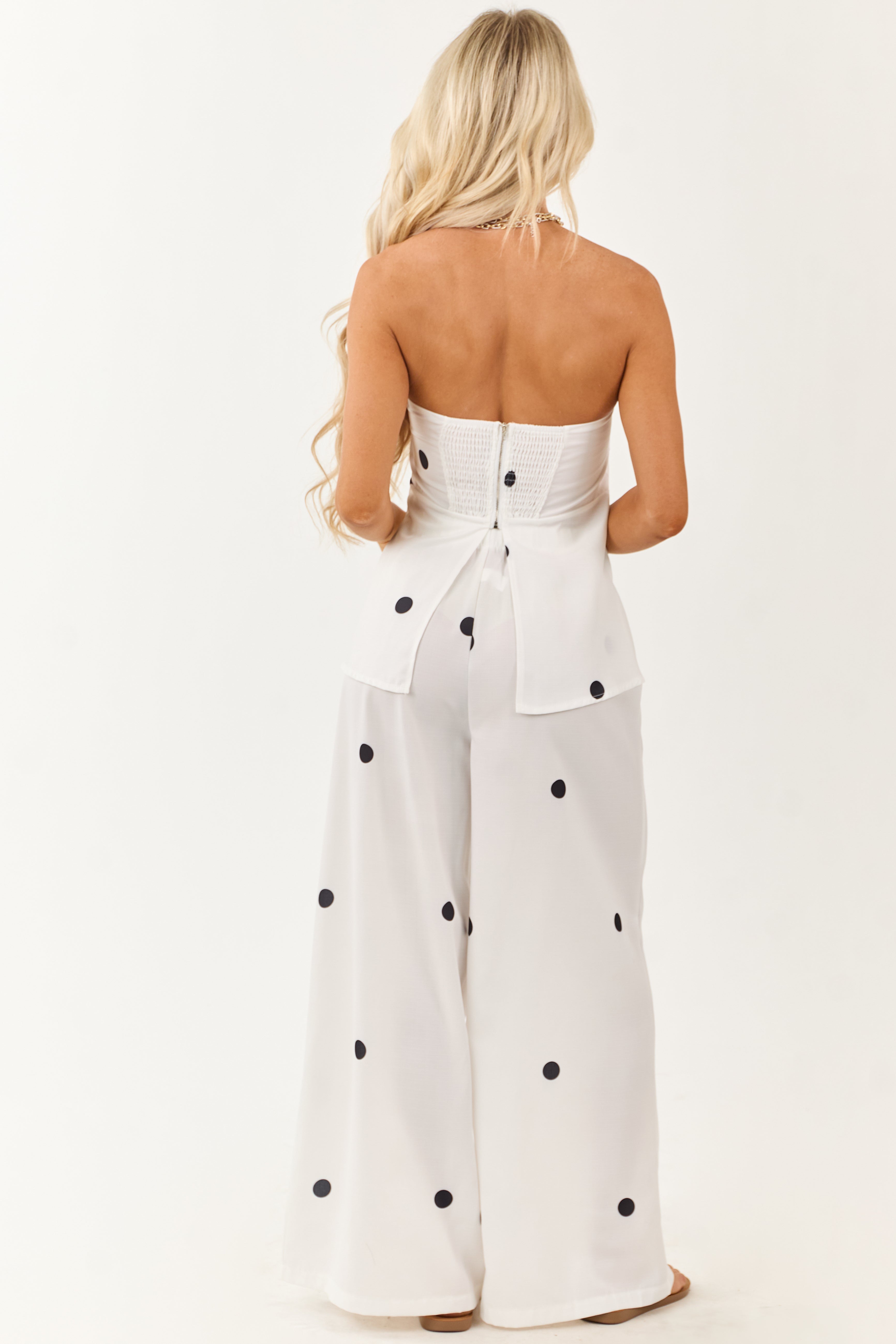 White Polka Dot Strapless Top and Wide Leg Pants Set