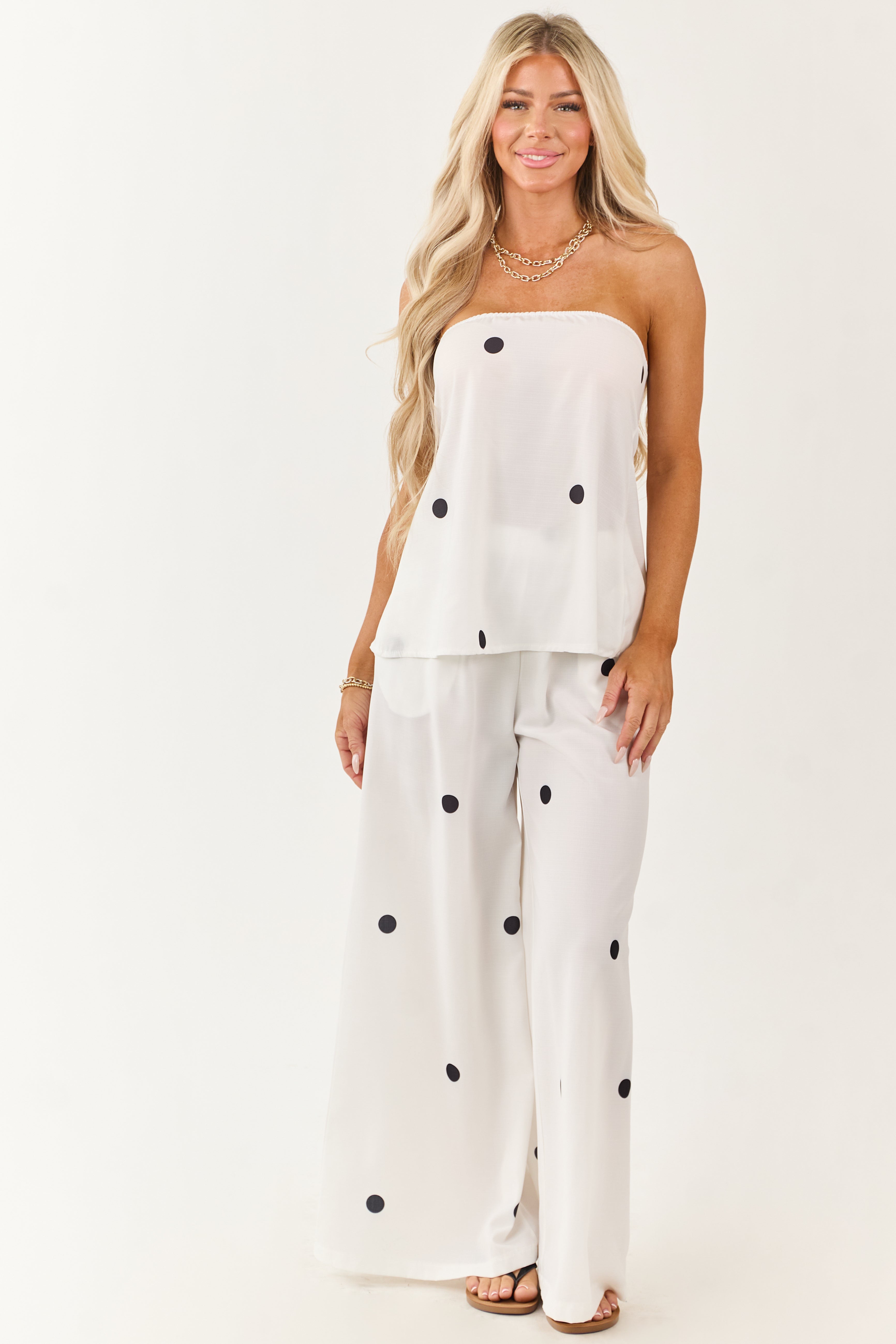 White Polka Dot Strapless Top and Wide Leg Pants Set