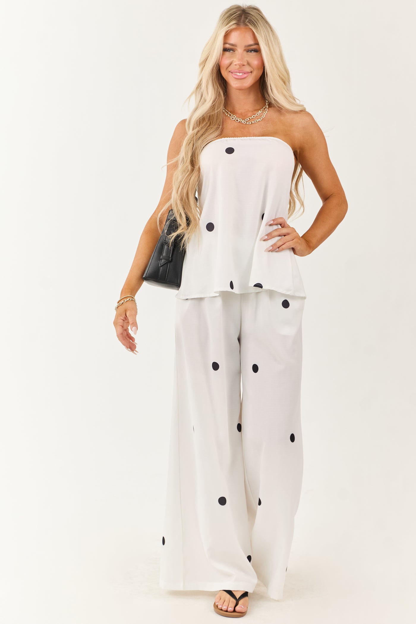 White Polka Dot Strapless Top and Wide Leg Pants Set